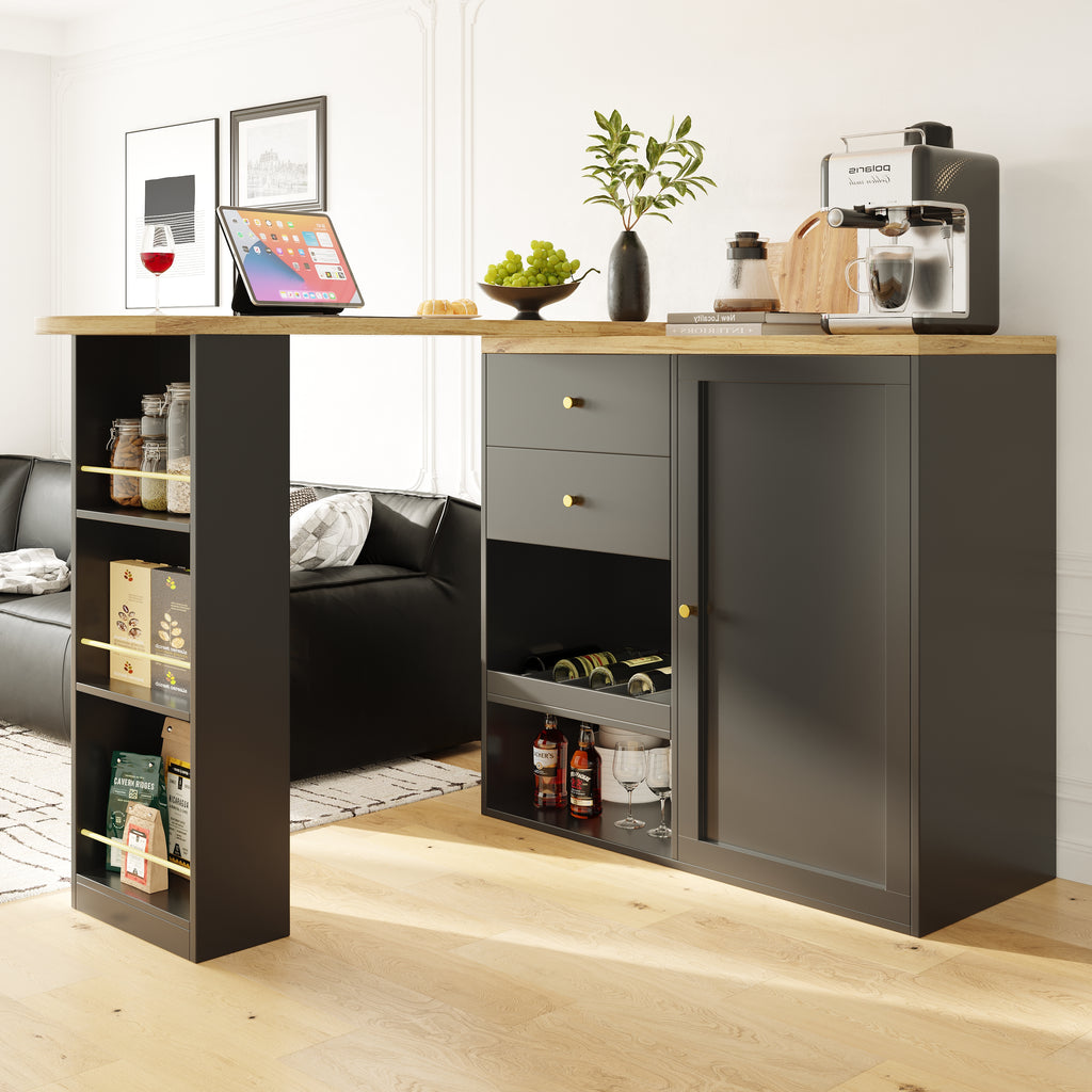 360° Swivelling Bar Table (105 x 39 x 102 cm), with 2 Drawers and Sliding Door Cabinet, 3 Levels of Open Storage Space, Suitable for Dining Room/Study/Living Room etc.