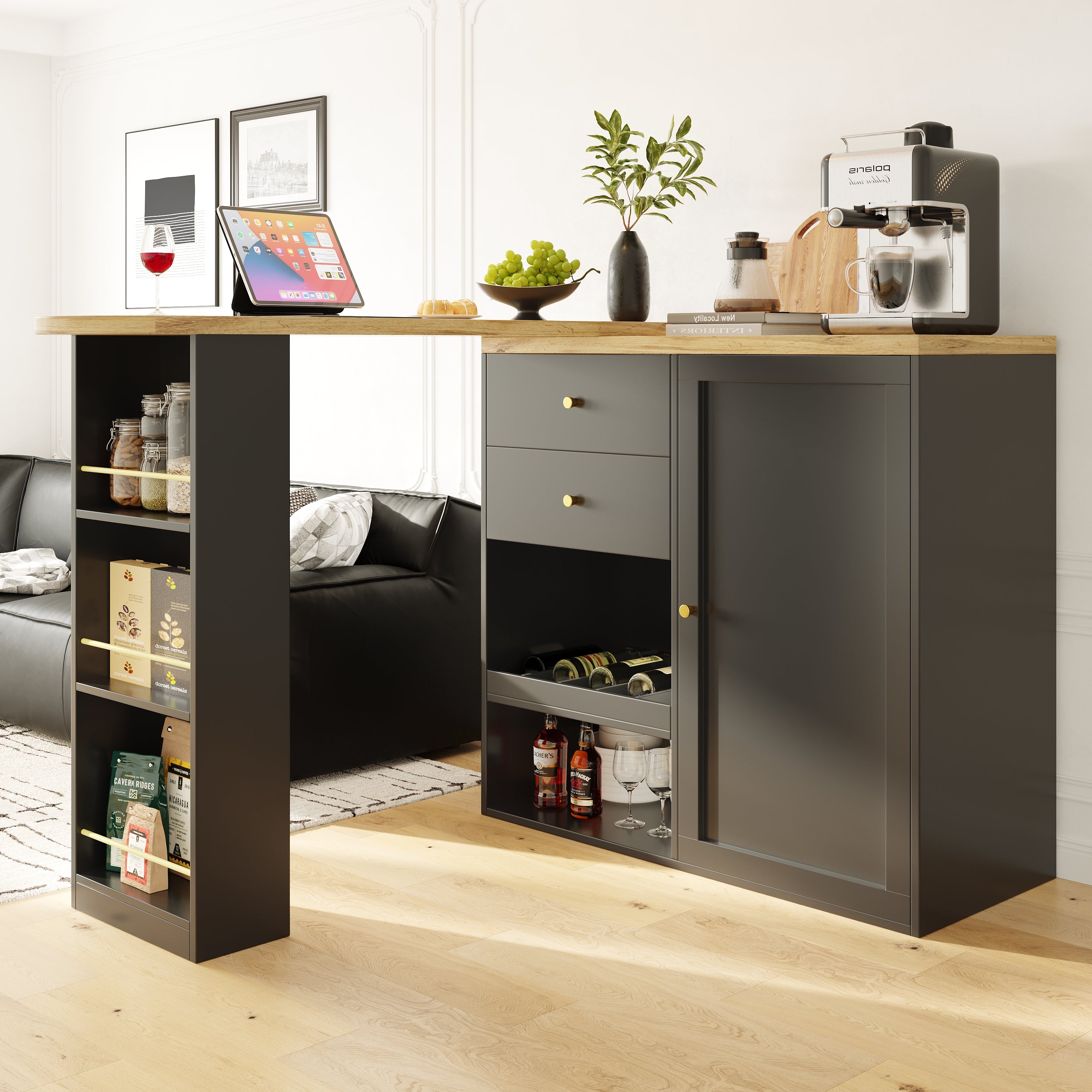 360° Swivelling Bar Table (105 x 39 x 102 cm), with 2 Drawers and Sliding Door Cabinet, 3 Levels of Open Storage Space, Suitable for Dining Room/Study/Living Room etc.