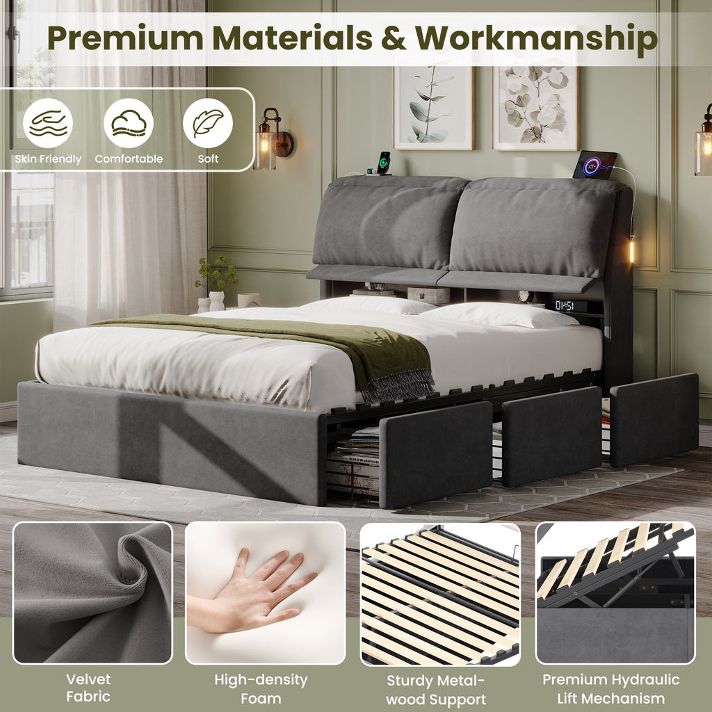 5ft King Bed with Hydraulic Storage, Velvet Upholstered Bed with Headboard Flip-top Storage and Drawers, Back Cushion Headboard with Charging Station and LED Night Light, Grey (No Mattress)