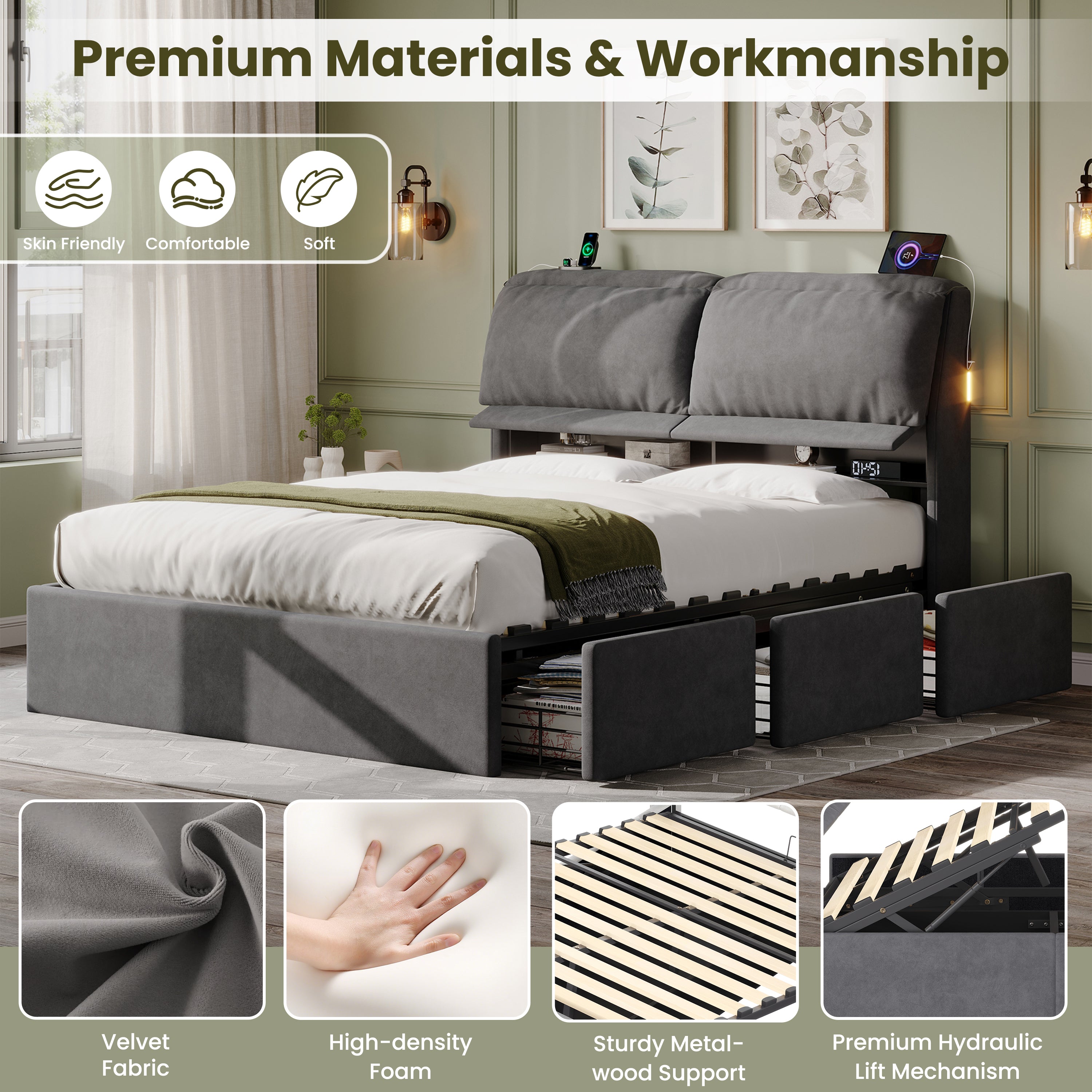 5ft King Bed with Hydraulic Storage, Velvet Upholstered Bed with Headboard Flip-top Storage and Drawers, Back Cushion Headboard with Charging Station and LED Night Light, Grey (No Mattress)