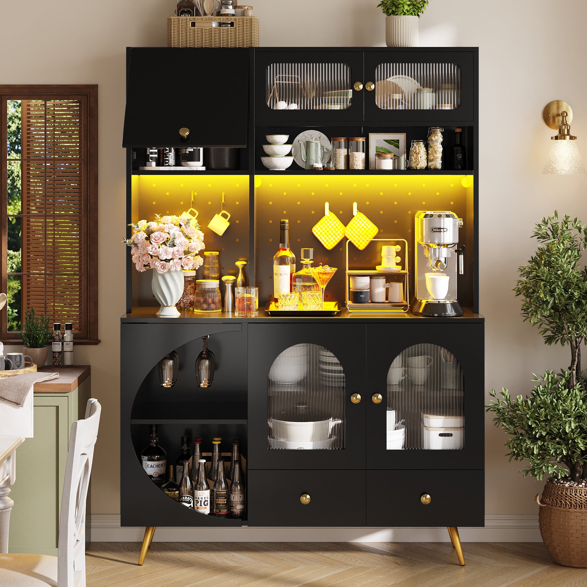 Tall Kitchen Cabinet with LED Lights & USB Ports, Modern Sideboard Storage Cabinet with Power Outlets, Perforated Wall, Drawer & Glass Shelves, for Kitchen & Living Room, 120x40x176 cm, Black