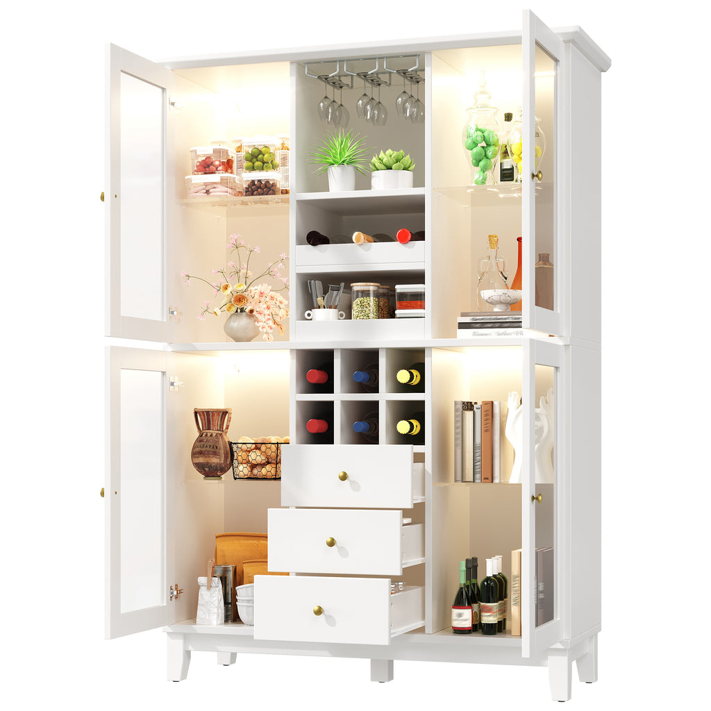 Wine Cabinet with App-Controlled LED Lights, 180.5cm Tall Storage Cabinet with Glass Doors, 3 Drawers, Wine Rack & Glass Holder, White