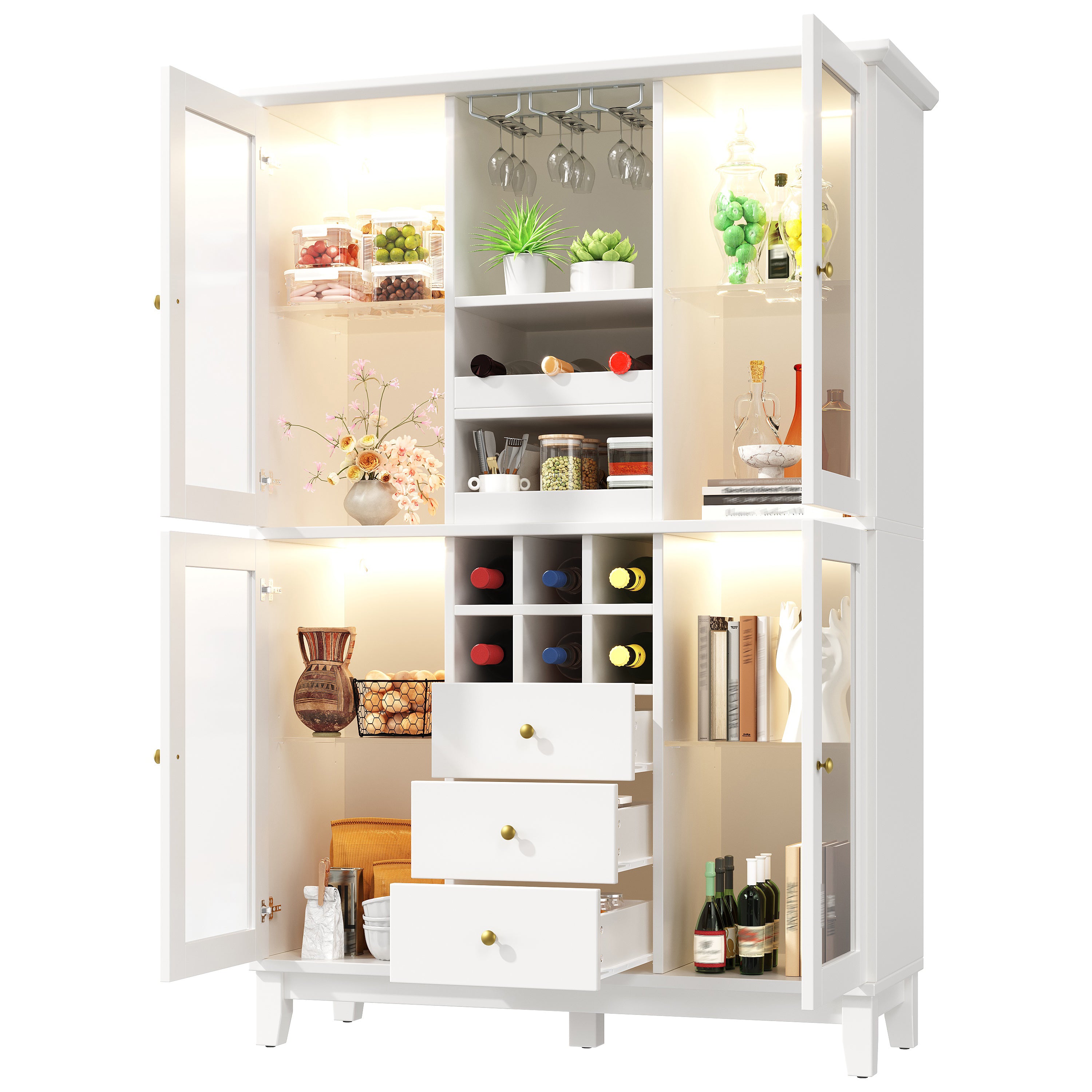 Wine Cabinet with App-Controlled LED Lights, 180.5cm Tall Storage Cabinet with Glass Doors, 3 Drawers, Wine Rack & Glass Holder, White