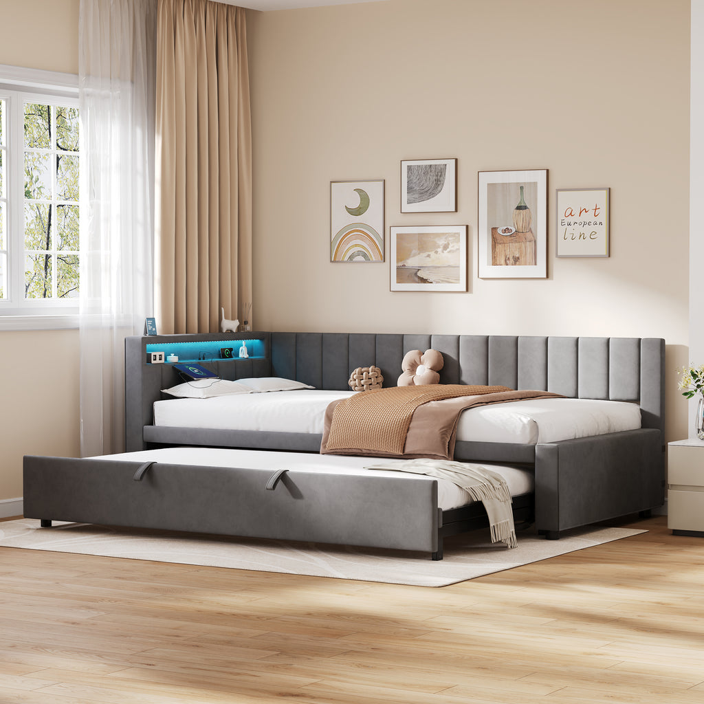 3ft Single Velvet Daybed, Sofa Bed with RGB LED Lights and Charging Station, Upholstered Sofa Bed with Trundle, Pull out Trundle Bed for Living Room, Bedroom or Study, Grey (No Mattress)