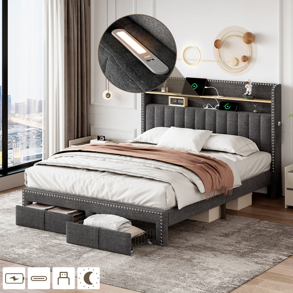 4ft6 Double Upholstered Bed with 2 Storage Drawers, Riveted Storage Bed with Charging and Lighting, Linen Platform Bed Frame No Box Spring Needed, Easy Assembly, Grey (No Mattress)