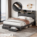 4ft6 Double Upholstered Bed with 2 Storage Drawers, Riveted Storage Bed with Charging and Lighting, Linen Platform Bed Frame No Box Spring Needed, Easy Assembly, Grey (No Mattress)