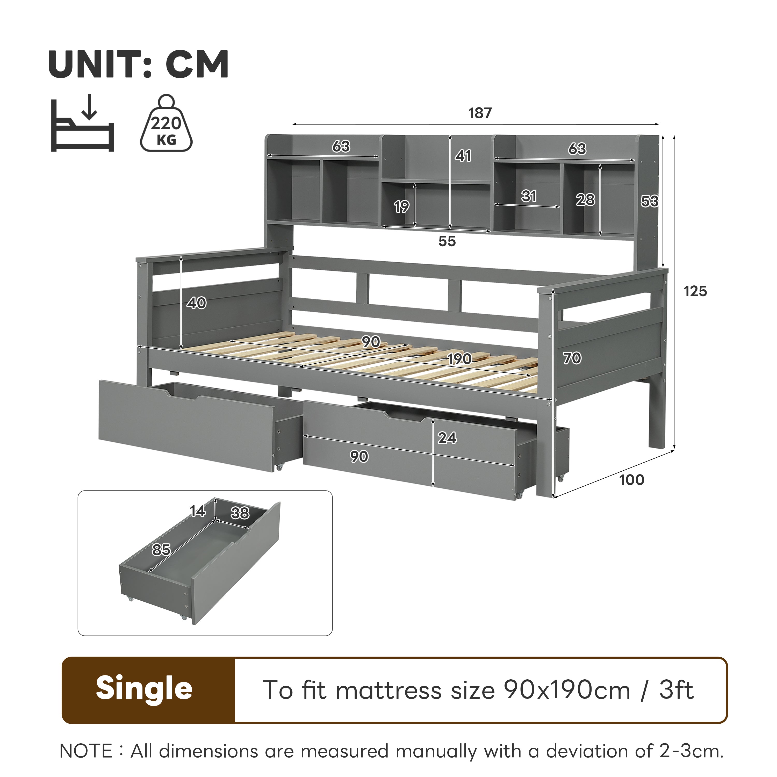 3ft Single Beds for Kids with Two Storage Drawers and Bookcase headboard, Wooden Bed Frame with Storage and Guardrail, Space-Saving Design for Bedroom, Dorm and Study Room, Grey (No Mattress)
