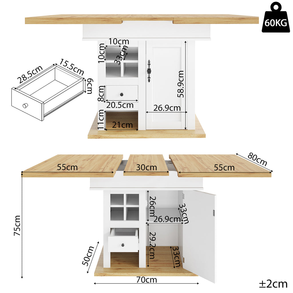 Telescopic dining table (110-140×80cm), foldable kitchen table for 4-6 people, extendable dining table, space-saving kitchen table, for kitchen and living room, dining table with wine rack and drawers