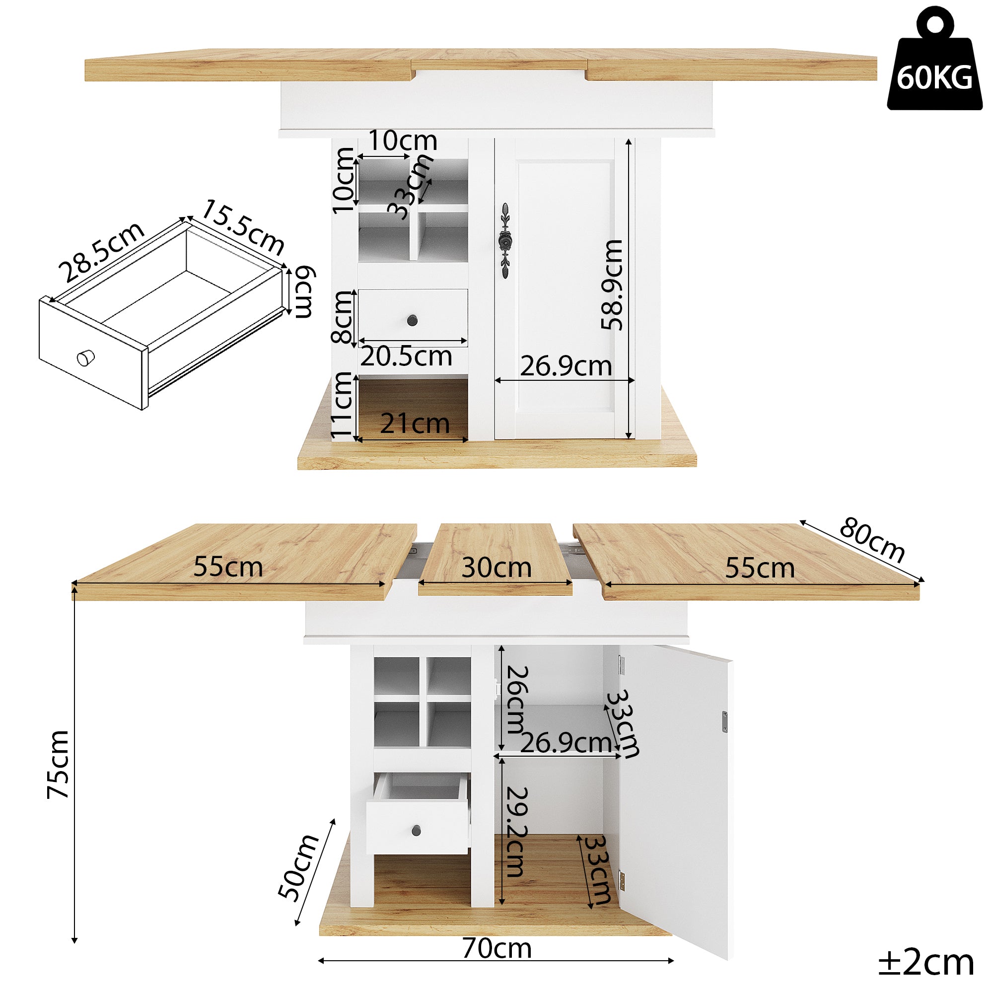 Telescopic dining table (110-140×80cm), foldable kitchen table for 4-6 people, extendable dining table, space-saving kitchen table, for kitchen and living room, dining table with wine rack and drawers