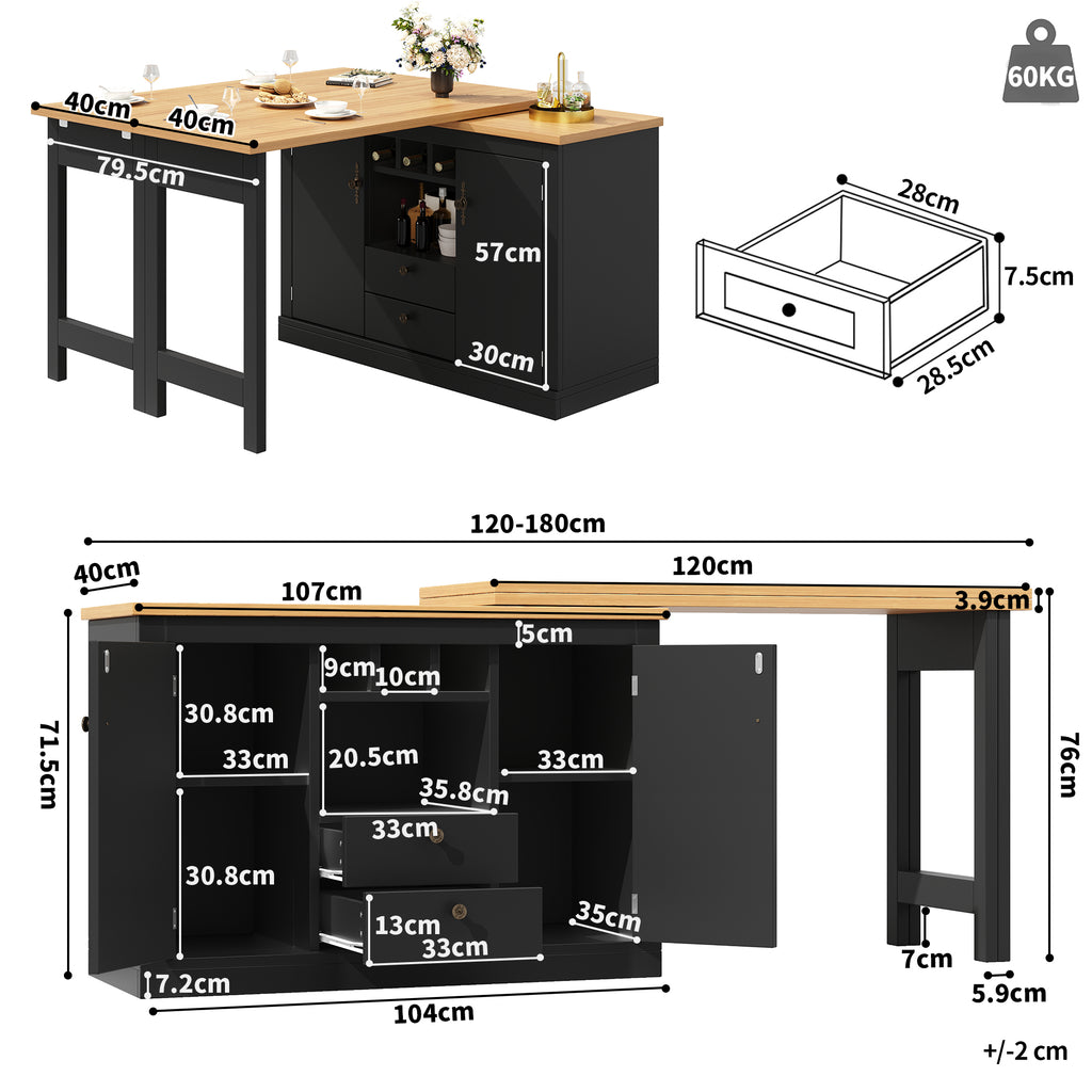 360° rotation, bar table (main body 120-180 x 40 x 76 cm), coffee bar furniture, rotatable dining bar with storage, kitchen island, double doors with wine rack, adjustable shelves, open storage space