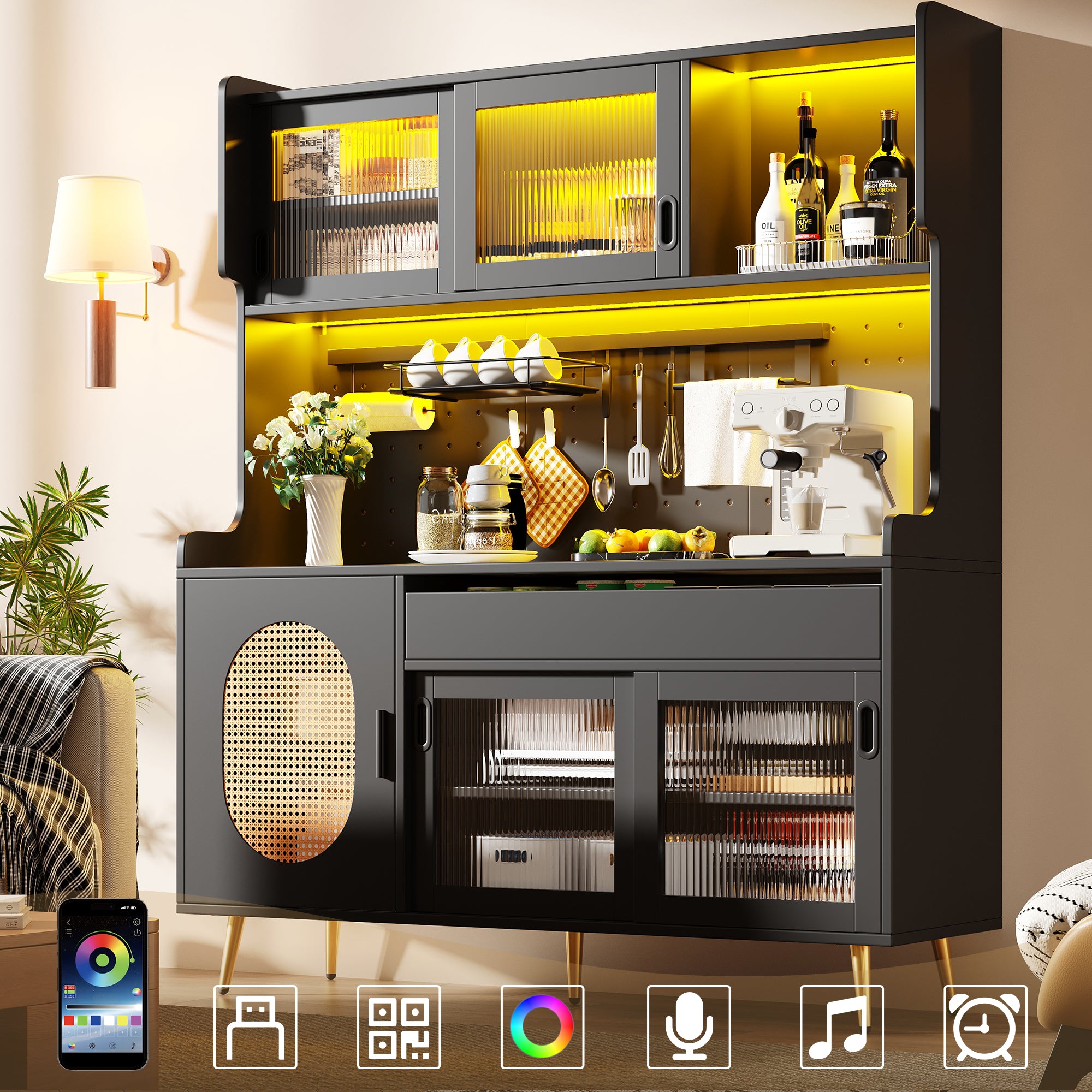 Sideboard / Storage Cabinet / Kitchen Cabinet / Buffet, 145x39x171cm, Country Style, 5 Doors, with LED Light Strip & Pegboard, Fluted Glass Doors, Brown/Black