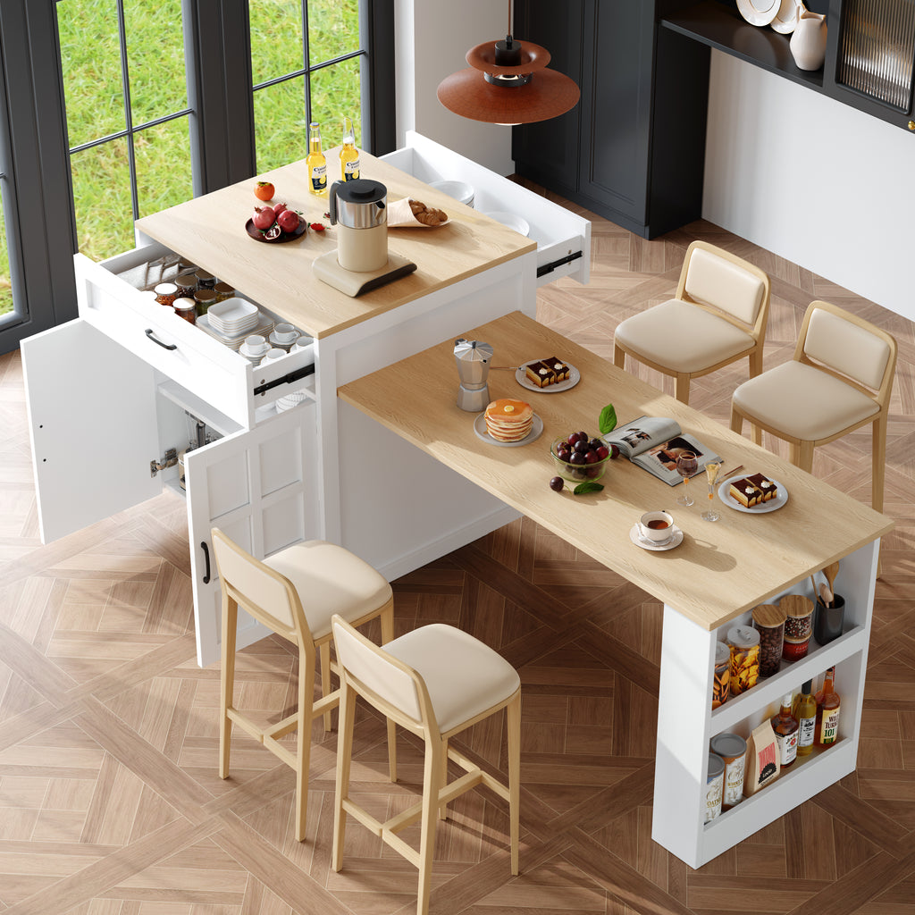 Extendable Bar Table with Storage (133–202 × 70 × 93.5 cm), with Two Drawers and Four Compartments, Expandable Kitchen Island Table for 2–6 People, Kitchen Dining Cart with Side Shelves, White.