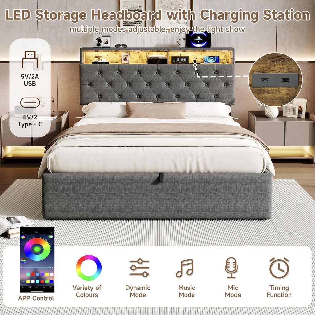 5ft King Upholstered Hydraulic Bed with Concealed Headboard Storage, Button Tufted Headboard with RGB LED Lighting and Charging Station, USB and Type - C Ports, Linen, Grey (No Mattress)