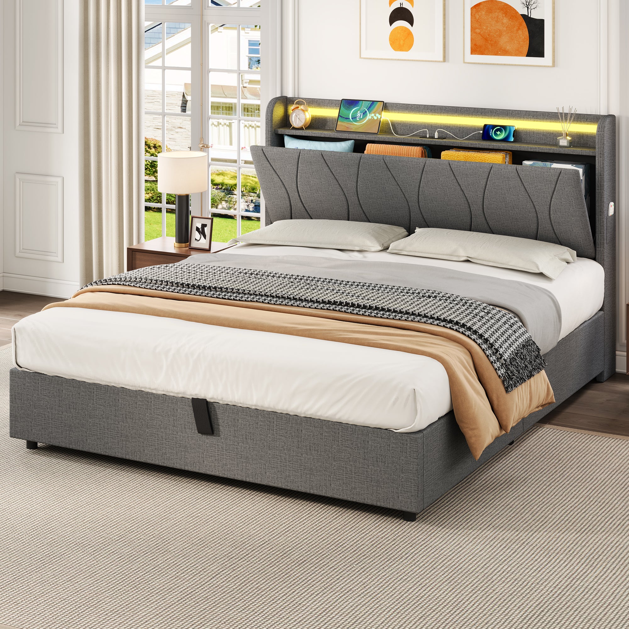 4ft6 Double Upholstered Bed Frame with Hydraulic Storage, LED Headboard with Charging Station and Concealed Headboard Storage, USB and Type - C Ports, Linen, No Box Spring Needed, Grey (No Mattress)