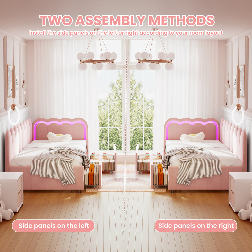 3ft Single Daybed with Smart RGB LED Lights and 2 Storage Drawers, Modern Velvet Youth Bed with Scalloped Backrest and Wooden Slats, Reversible Side Panel, Easy Assembly, Pink (No Mattress)