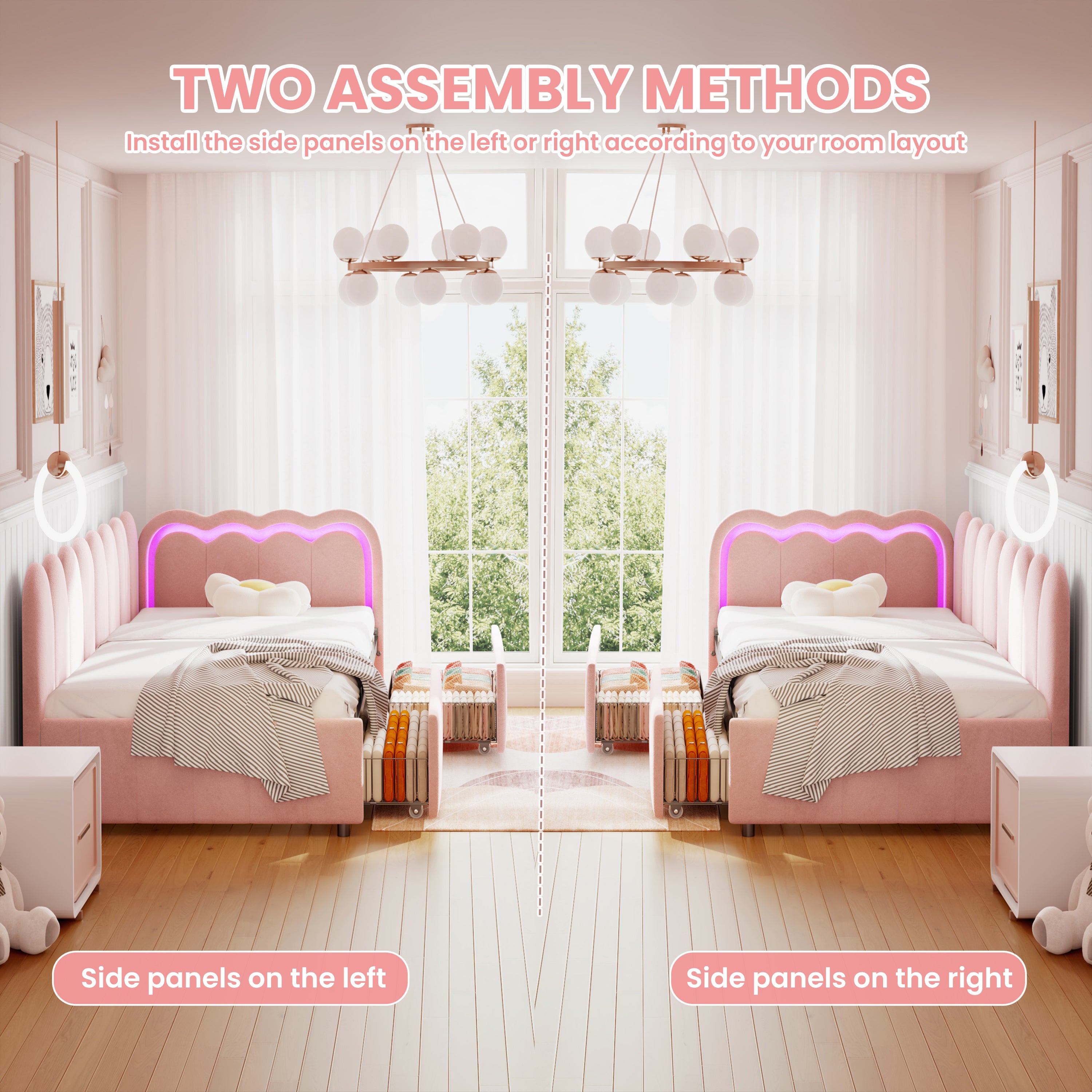 3ft Single Daybed with Smart RGB LED Lights and 2 Storage Drawers, Modern Velvet Youth Bed with Scalloped Backrest and Wooden Slats, Reversible Side Panel, Easy Assembly, Pink (No Mattress)