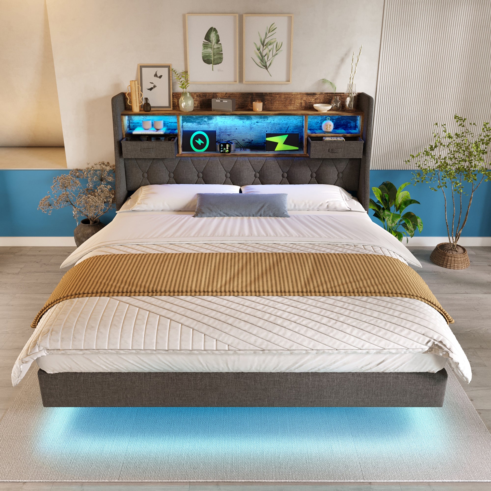 Upholstered Bed 6ft Floating Bed with LED Lighting, USB Type-C Charging, Storage Headboard for Cellphones & Tablets,  180 x 200 cm Super King Bed, Linen, Grey (No Mattress)