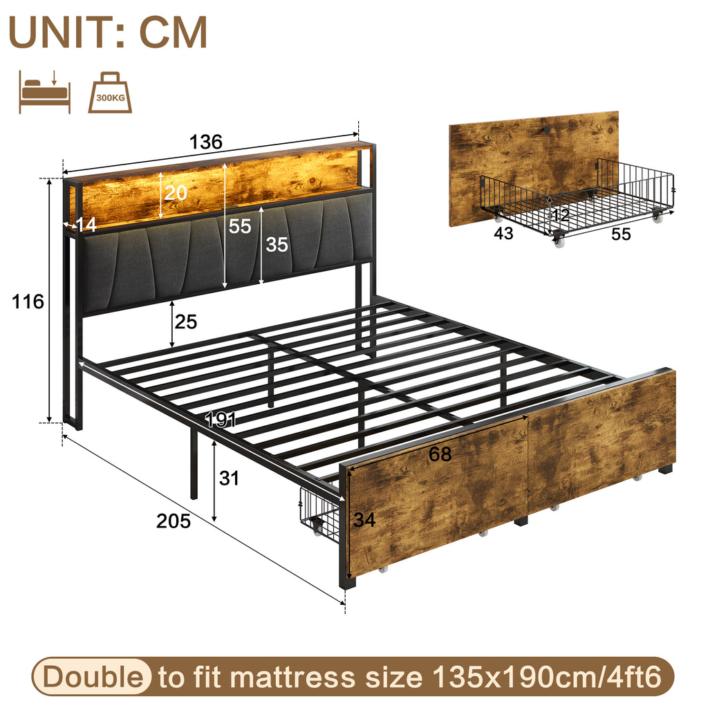 4ft6 Double Bed Frame with 2 Storage Drawers, RGB LED Storage Headboard with Charging Station, Metal Platform Bed Frame, No Box Spring Needed, Easy Assembly, Black+Walnut (No Mattress)