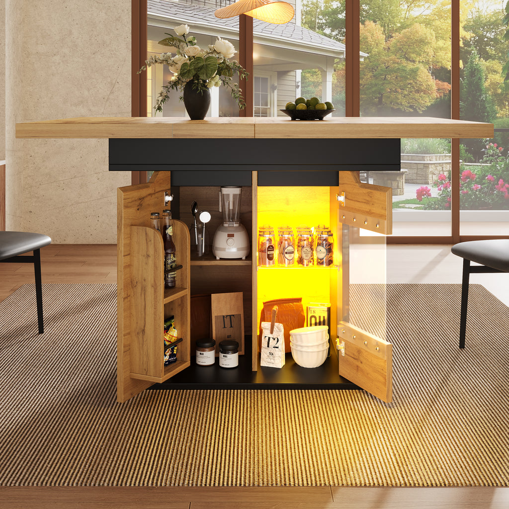 Telescopic dining table (110-140×80cm), foldable kitchen table for 4-6 people, extendable dining table, space-saving kitchen table, table with LED lighting and snack shelf, cabinet doors