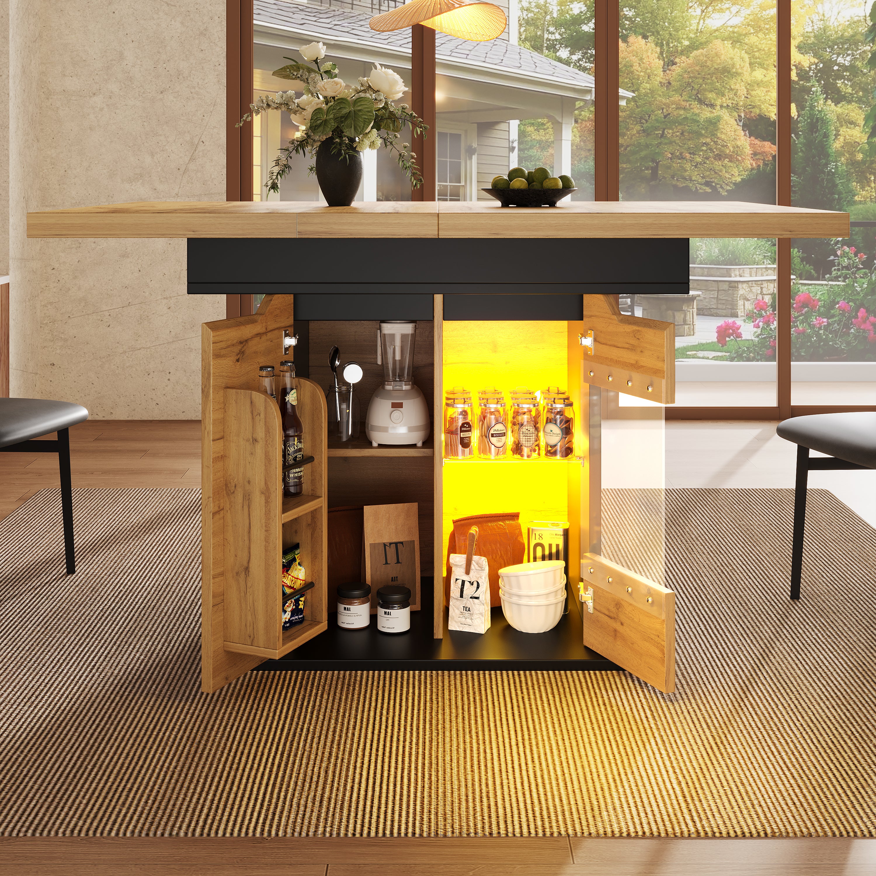 Telescopic dining table (110-140×80cm), foldable kitchen table for 4-6 people, extendable dining table, space-saving kitchen table, table with LED lighting and snack shelf, cabinet doors