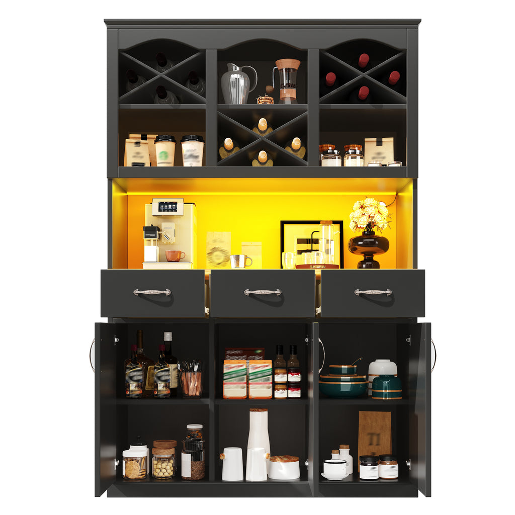 Kitchen cabinet (120 × 40 × 180 cm), tall kitchen buffet, multi-purpose buffet, snack cabinet, storage furniture with three doors, three drawers and LED lighting, black