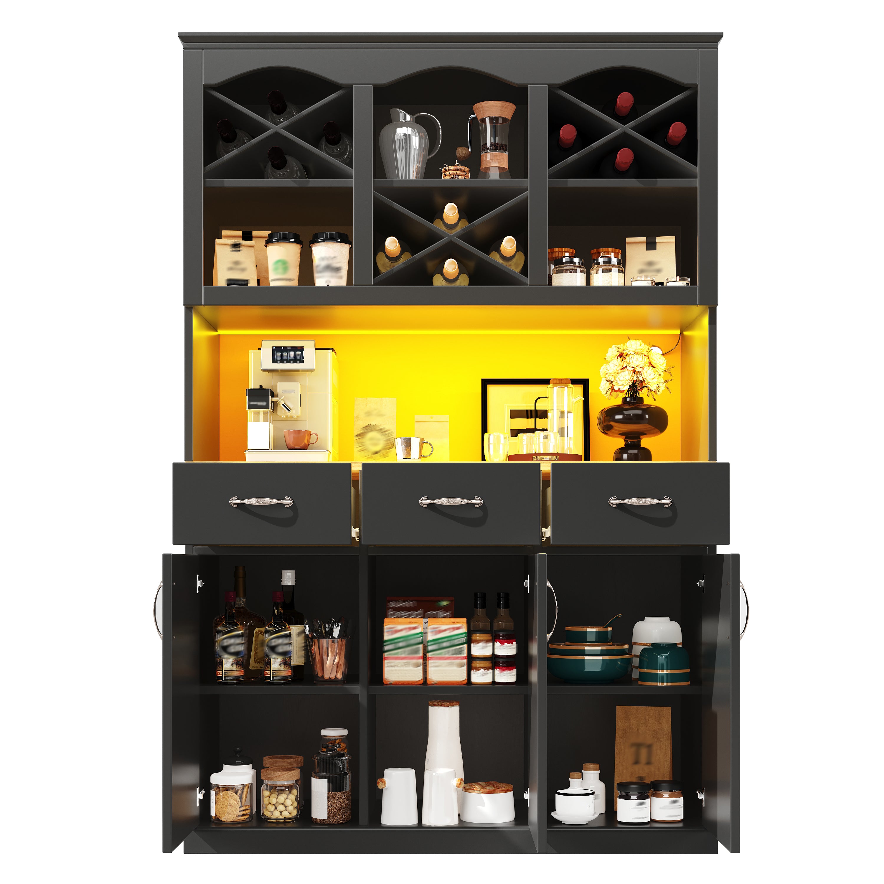 Kitchen cabinet (120 × 40 × 180 cm), tall kitchen buffet, multi-purpose buffet, snack cabinet, storage furniture with three doors, three drawers and LED lighting, black