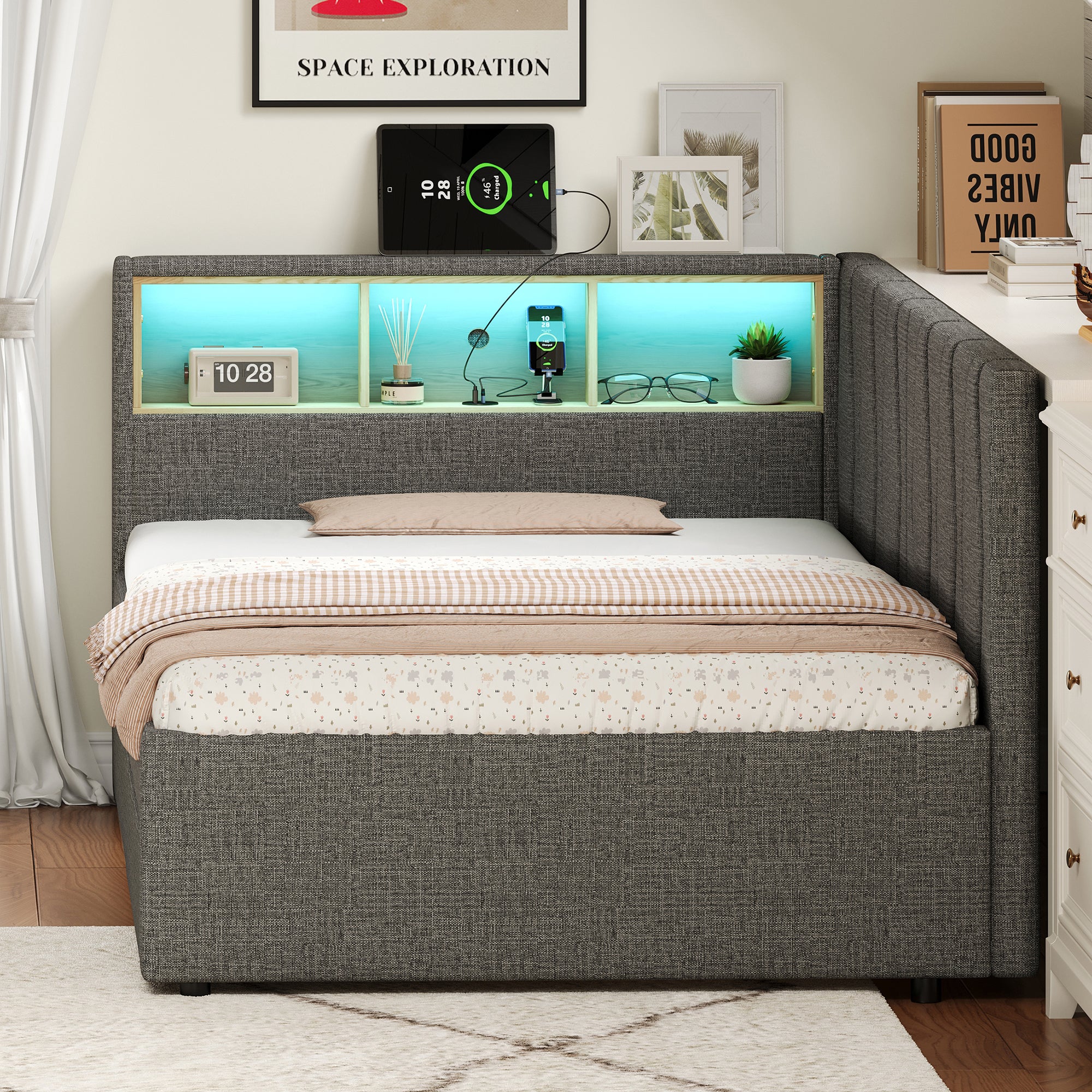 3ft Single Daybed with Two Storage Drawers, LED Modern Bed frame with Charging Station, Linen Sofa Bed for Living Room/ Bedroom/ Study Room, 90X190cm, Easy Assembly, Grey (No Mattress)
