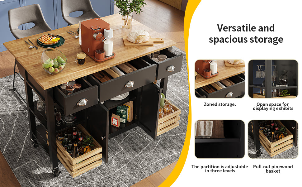 Rolling Kitchen Island Storage Trolley with Large Cabinet, 3 Drawers, Spice Rack, Adjustable Shelf, Dining Room Organiser Sideboard Cupboard Cabinet Cart, Black