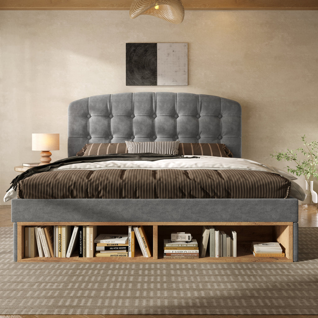 Upholstered King Bed with Storage Compartments and Drawers, 5ft King Bed with Adjustable Headboard, 150 x 200 cm, Velvet, Grey (No Mattress)