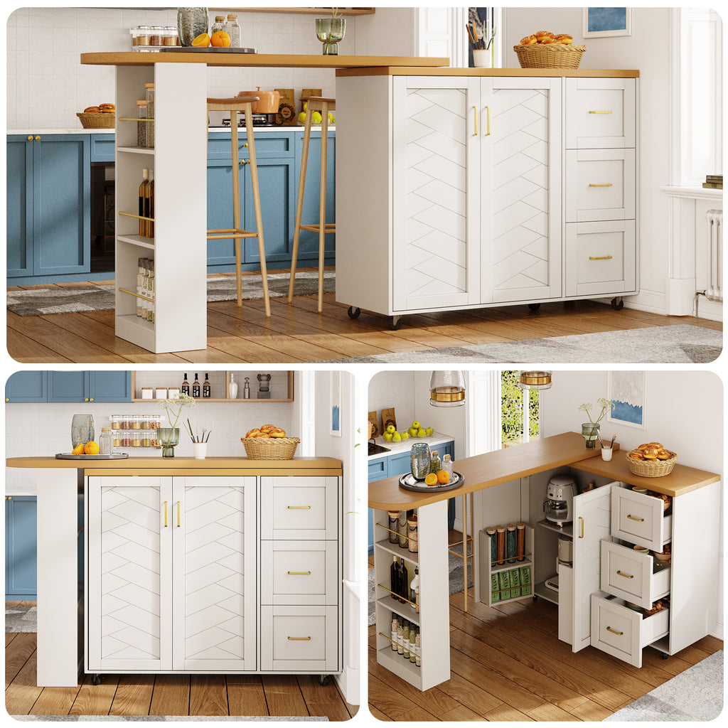 Extendable Bar Cart with 2 Doors & 3 Drawers (135-228 x 39 x 104 cm), Rollable, Home Bar in White, Worktop in Wood Look