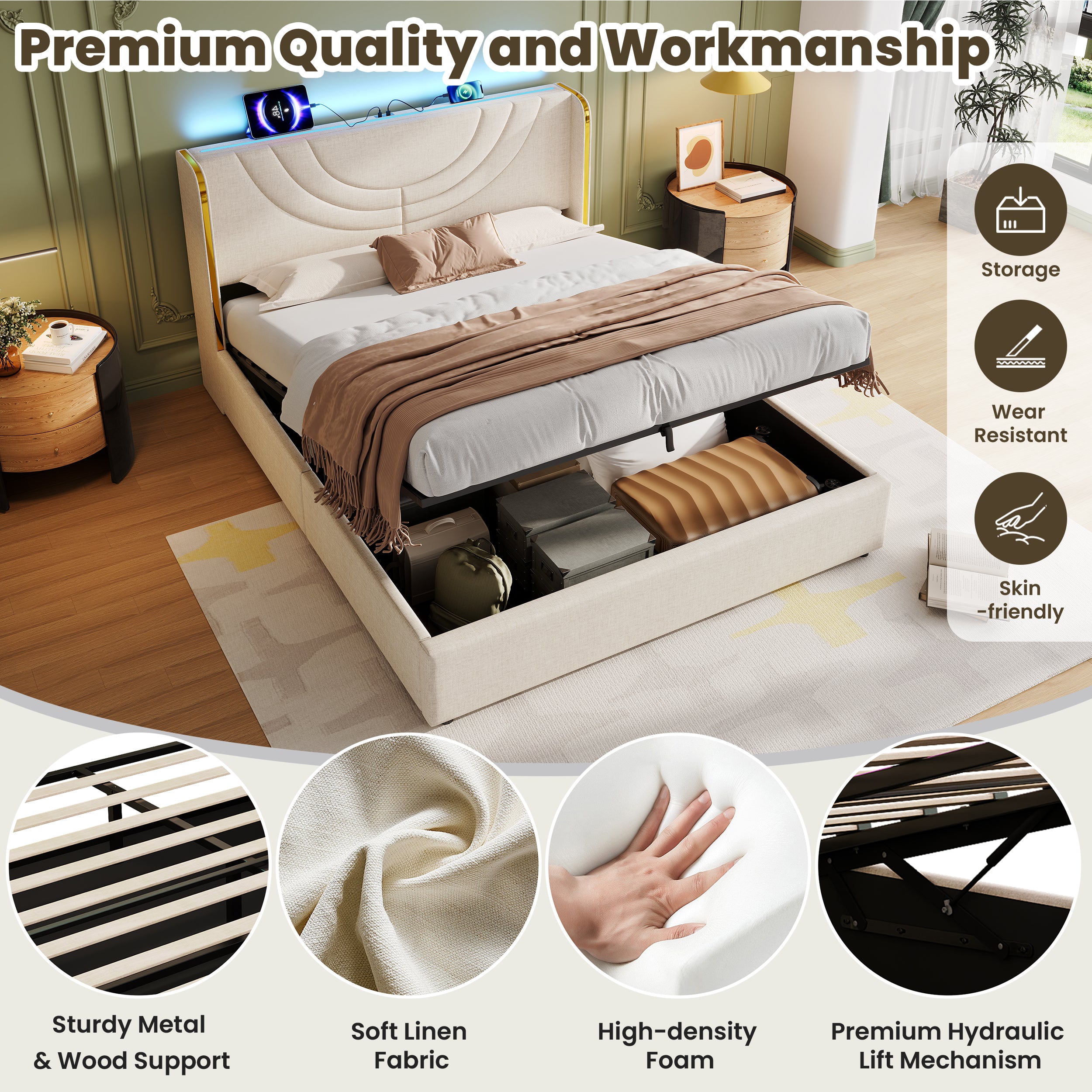 4ft6 Double Upholstered Bed Frame with Hydraulic Storage, LED Headboard with Charging Station and Chrome Trim, USB and Type-C Ports, Linen, No Box Spring Needed, Beige (No Mattress)