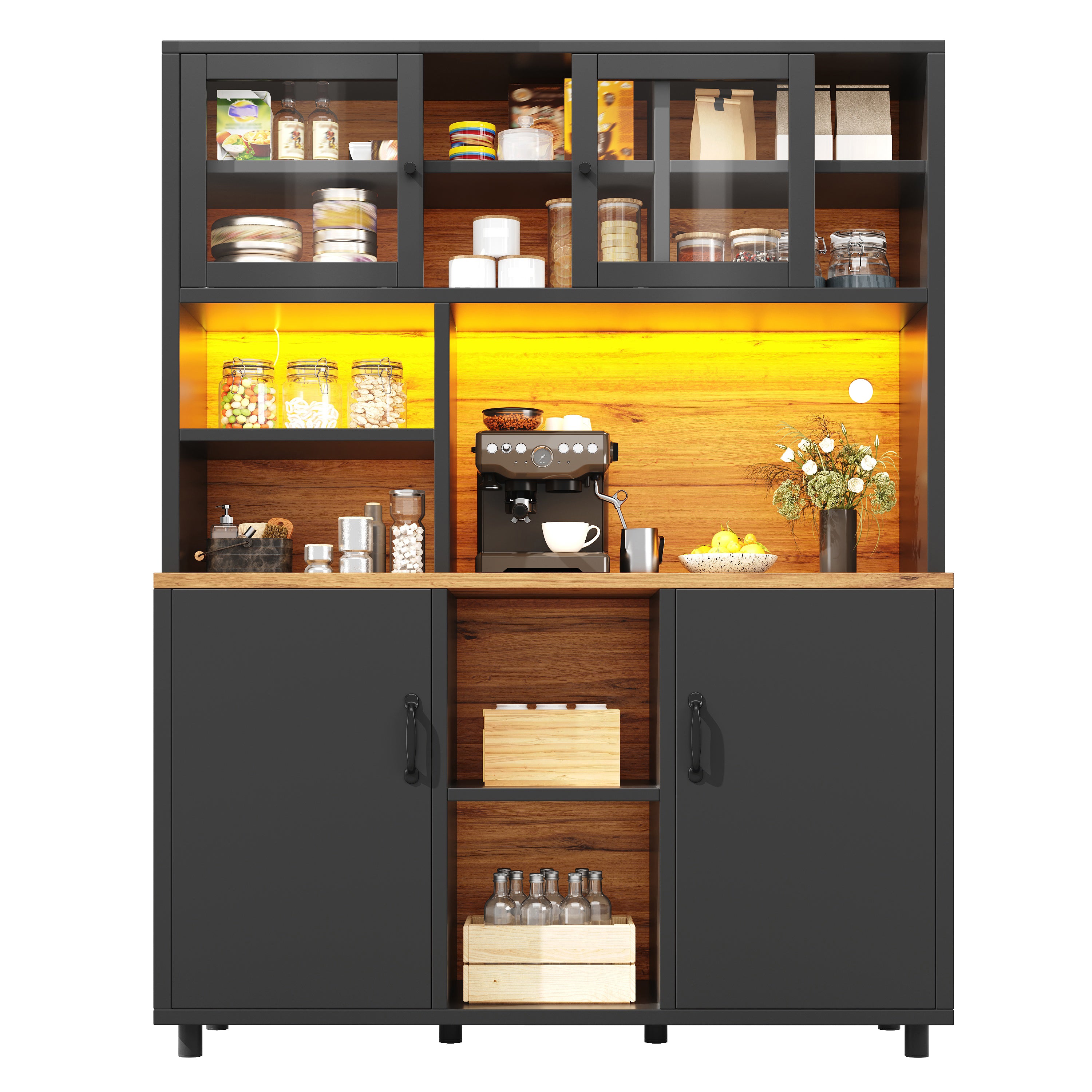 Tall cabinets for the living room, kitchen cabinet, dining room cabinet, cabinets with LED lighting, cabinet door with snack shelf, retro style, black