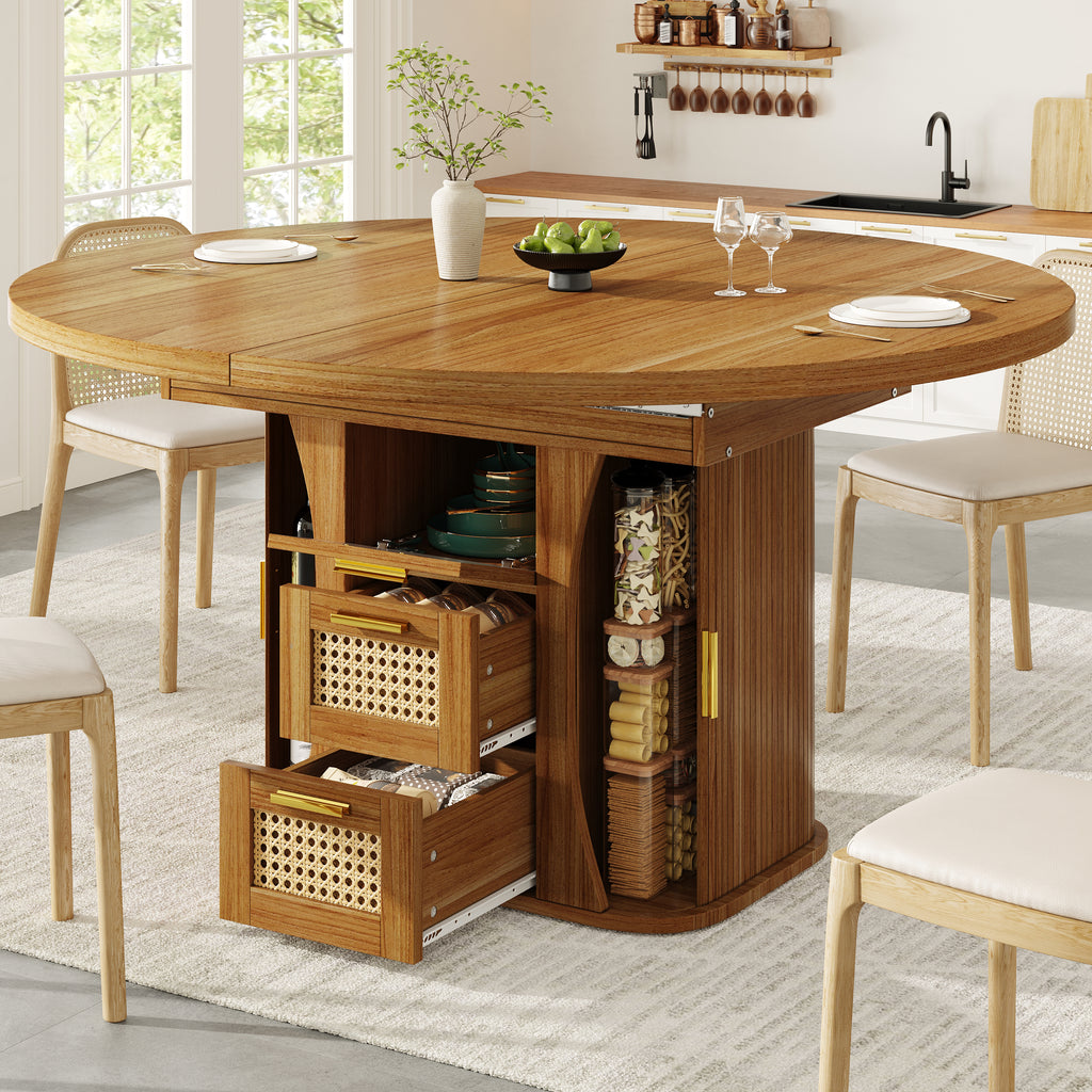 Extendable dining table with storage, 118–158cm table with rattan drawers, MDF wood look, black / natural wood / brown