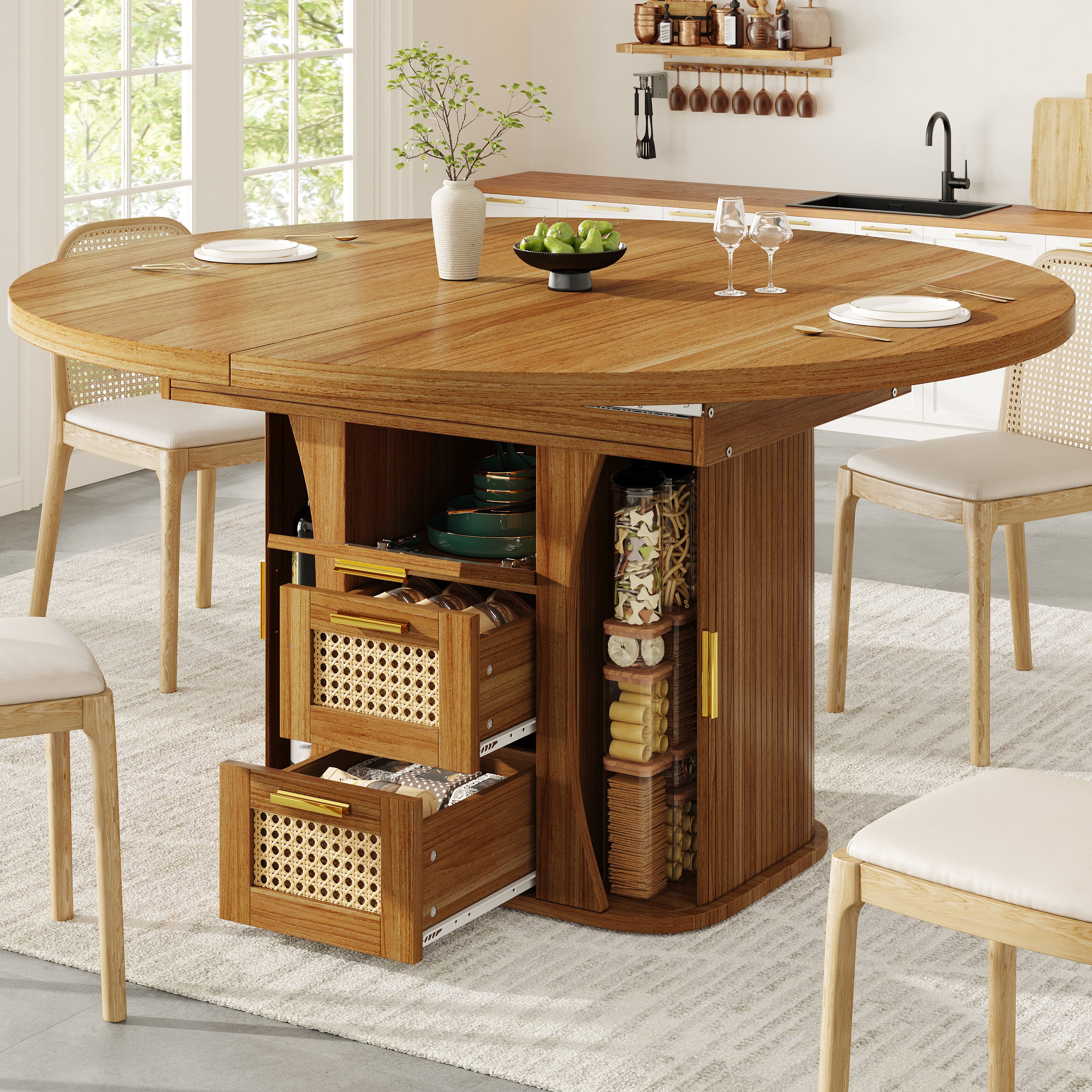 Extendable dining table with storage, 118–158cm table with rattan drawers, MDF wood look, black / natural wood / brown