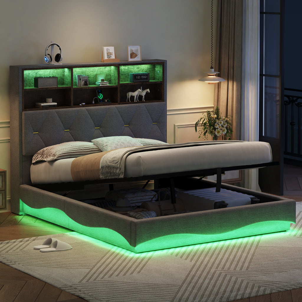 4ft6 Double Upholstered Bed Frame with Hydraulic Storage, Wavy LED Heightened Headboard with Charging Station, USB and Type - C Ports, Linen, No Box Spring Needed, Grey (No Mattress)