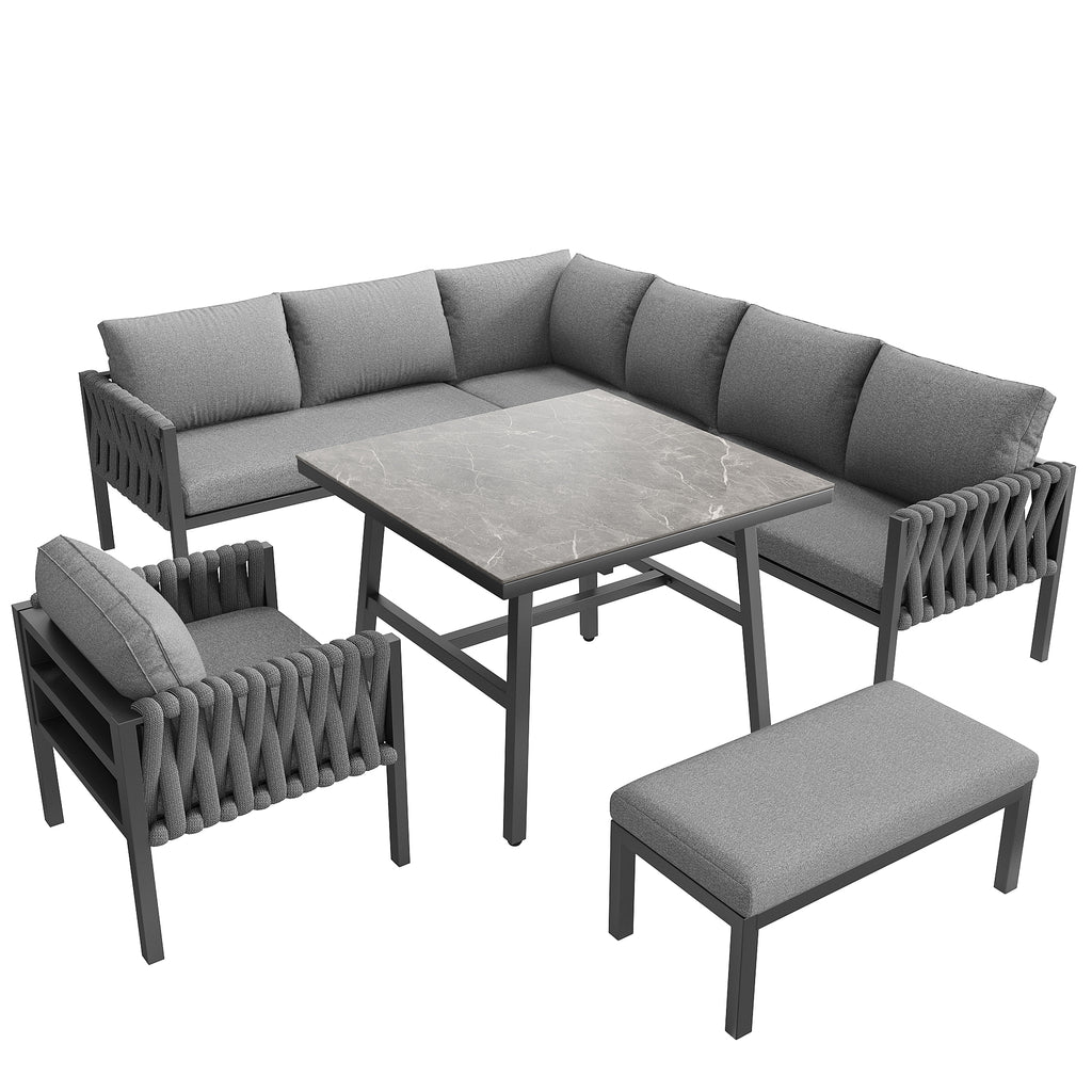 Garden furniture set, rope-weave outdoor sofa set with galvanized steel frame, adjustable legs, L-shaped sofa, tempered glass table top, includes all seat and back cushions, grey