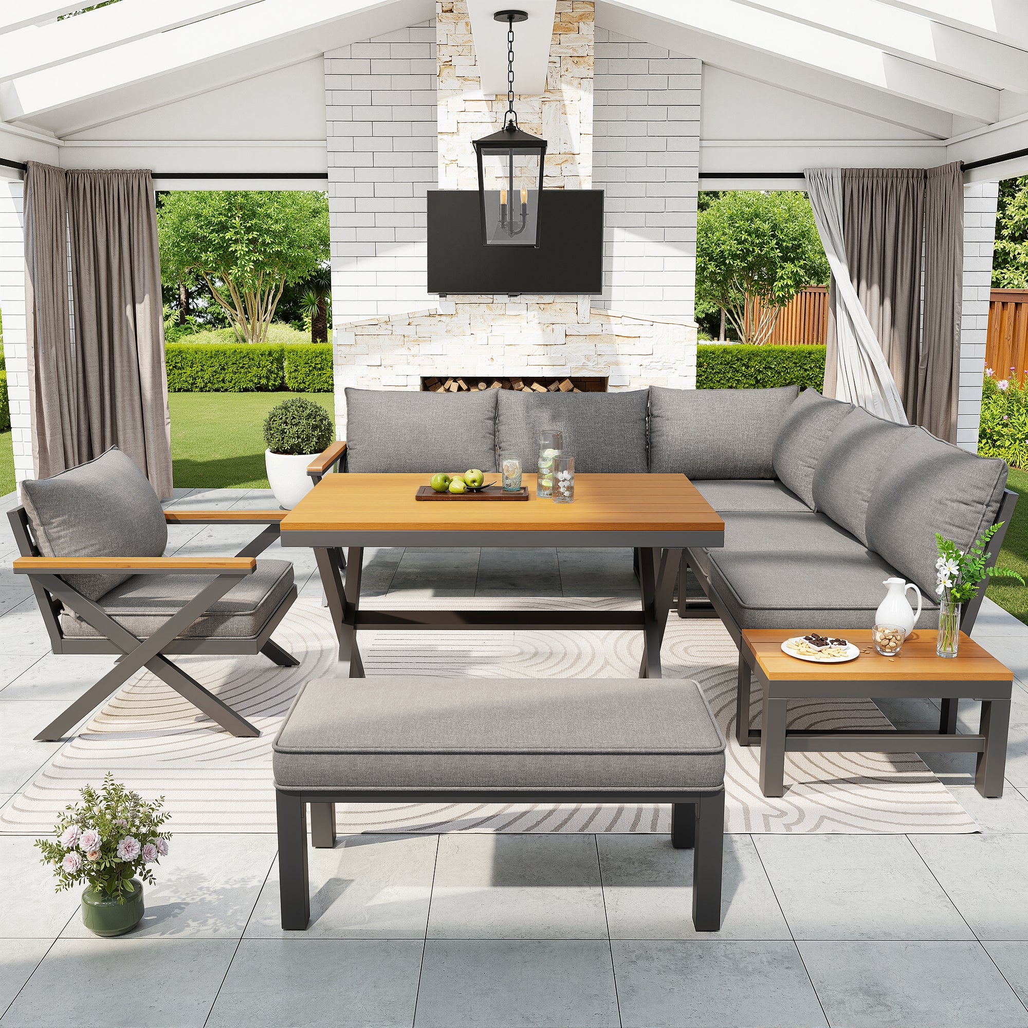 Outdoor Sofa Set with X-Shaped Metal Frame, 8cm Thick Cushions, Plastic Wood Armrests, for Patio & Garden
