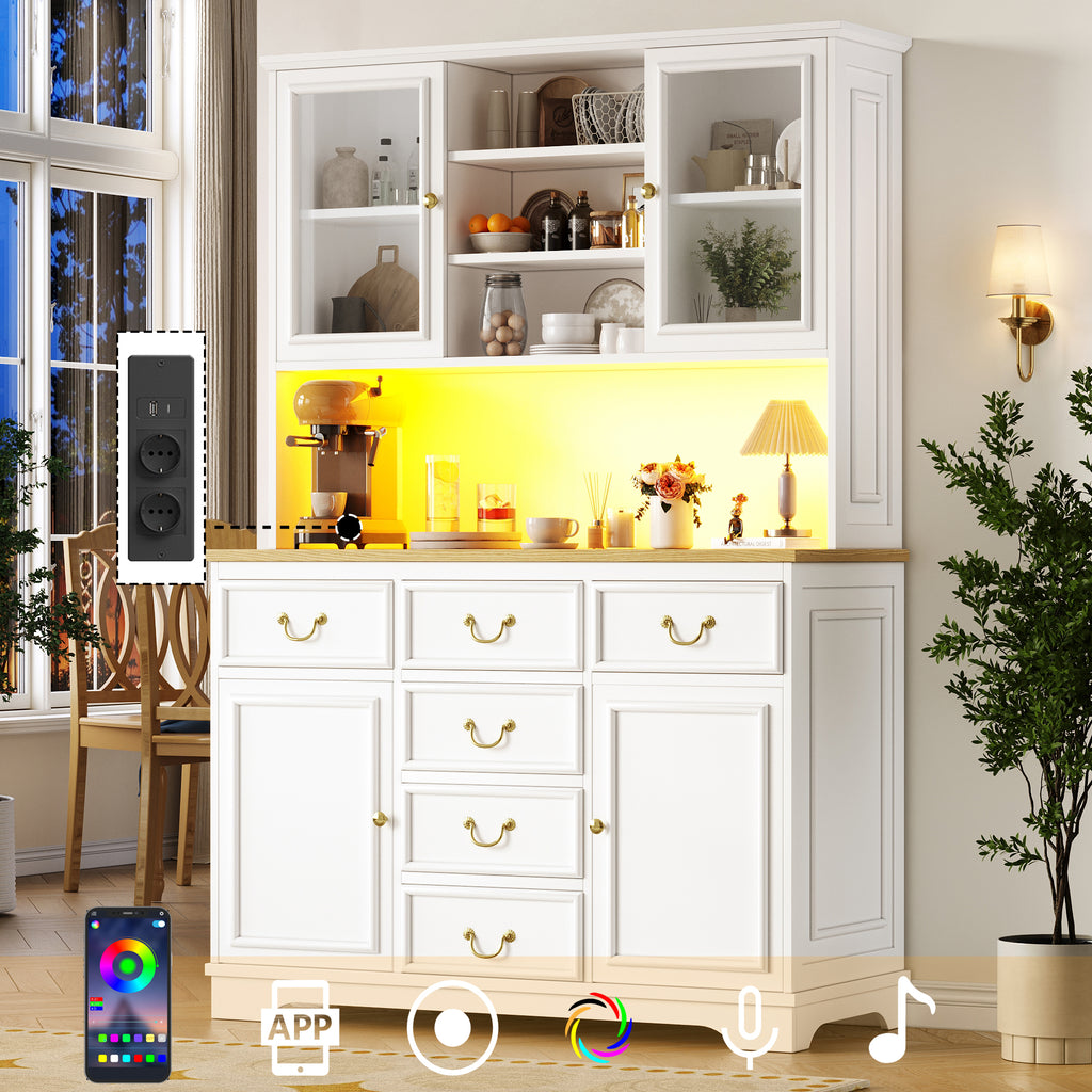 Tall kitchen cabinet with USB ports and sockets, sideboard with LED light strip, kitchen cabinet, storage cabinet with snack shelf doors, sideboard, waste bin can be installed, white