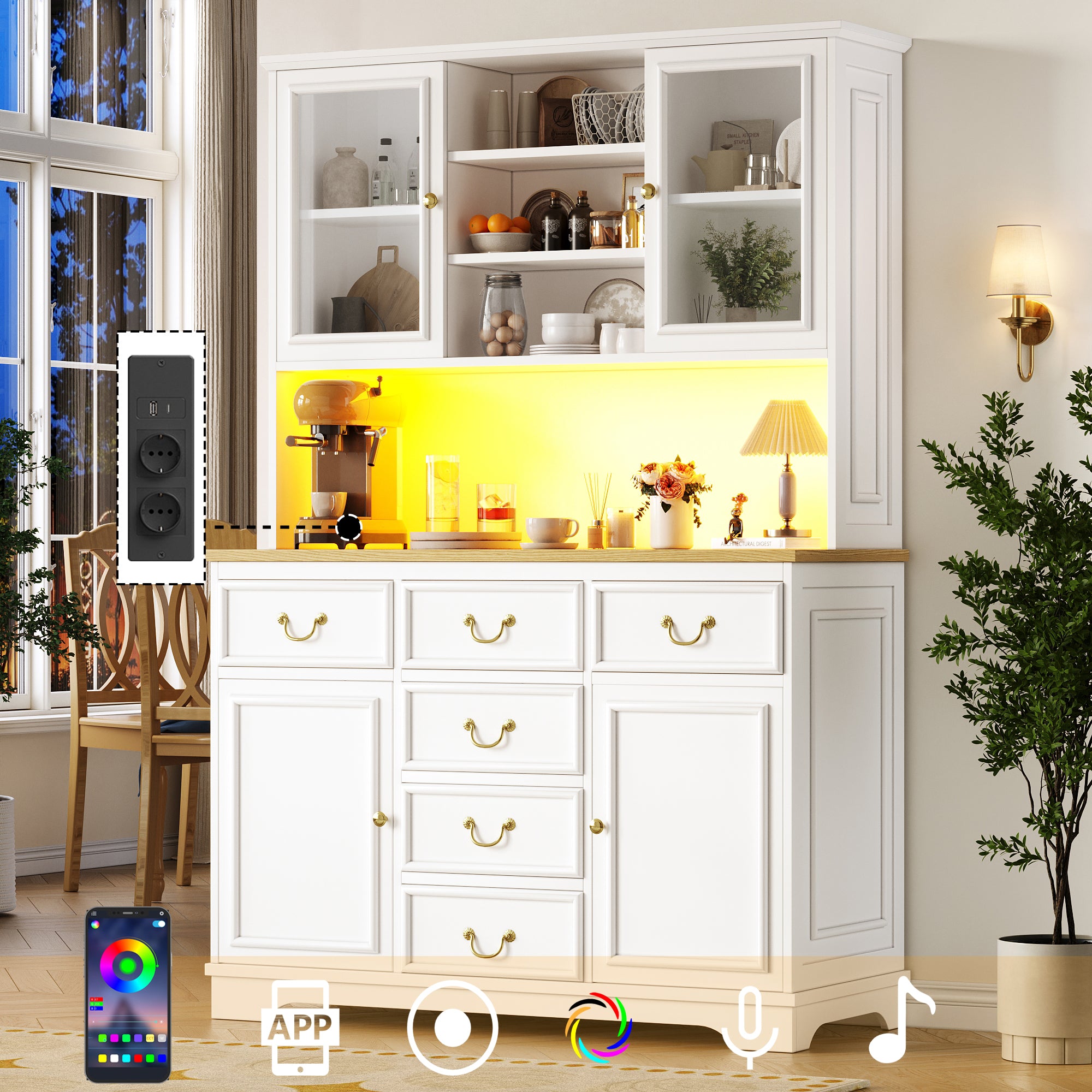 Tall kitchen cabinet with USB ports and sockets, sideboard with LED light strip, kitchen cabinet, storage cabinet with snack shelf doors, sideboard, waste bin can be installed, white