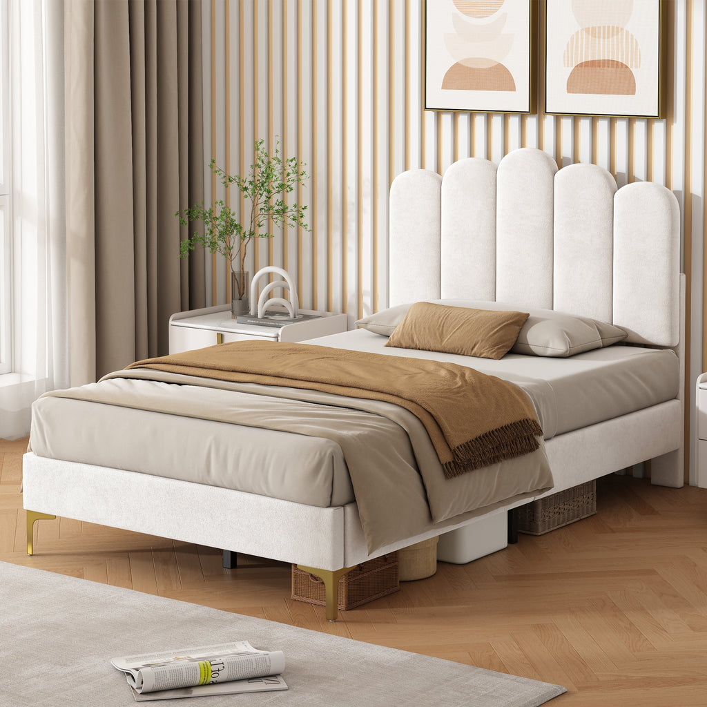 3ft Single  Premium Velvet Upholstered Bed Frame with Scalloped Channel Tufted Design, Height Adjustable Headboard & Gold Metal Feet, Under-bed Storage Space, No Box Spring Needed, Beige (No Mattress)