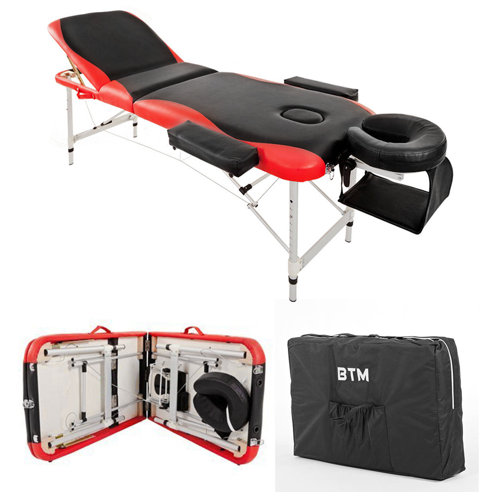 Massage Table Couch Bed Aluminium Deluxe Lightweight Professional Beauty Tattoo Spa 3 Section with Premium PU Leather and 5 cm High Density Multi-Layer Foam Headrest Arm support and Carrying Bag Red