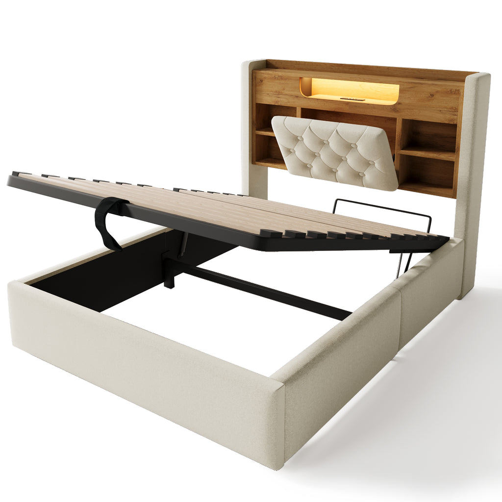 4ft6 Double Bed with Hydraulic Storage, Upholstered Bed Frame with LED Lighting & Charging Station, Storage Headboard for Cellphones & Tablets, 135 x 190 cm, Linen, Beige (No Mattress)