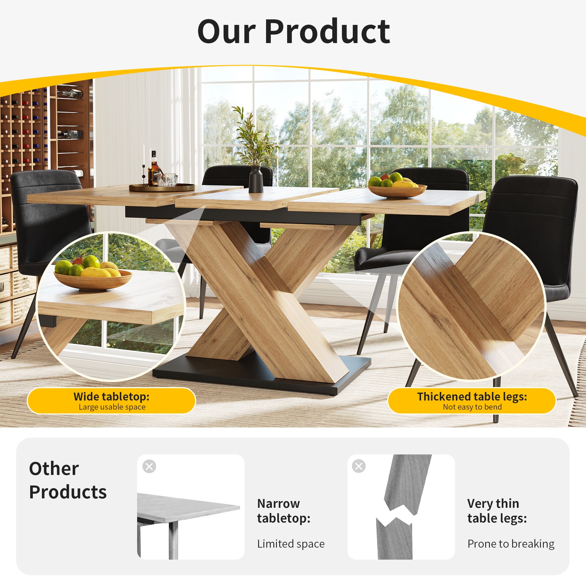 Dining table telescopic table (119-158.5×80 cm), kitchen table, extendable table, extendable to 119-158.5 cm with the help of internal inserts, for kitchen and living room, wood-coloured