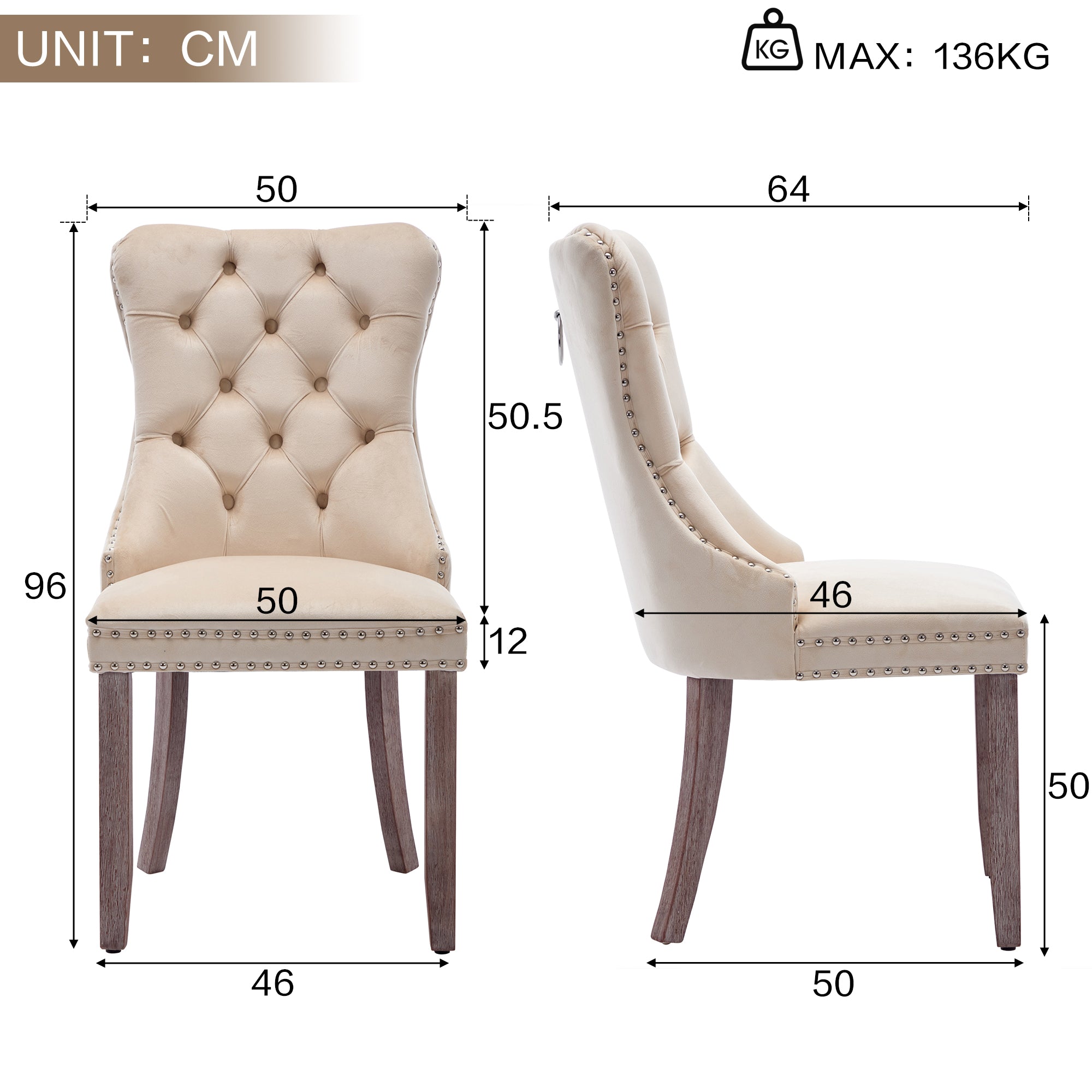 (Old SKU: PP311356AAW-6) Modern Set of 6 Upholstered Velvet Dining Chairs, Button Tufted Kitchen Lounge Chairs with Brushed Wood Legs, Riveted Trim and Knocker Ring, for Dining Room Living Room, Beige