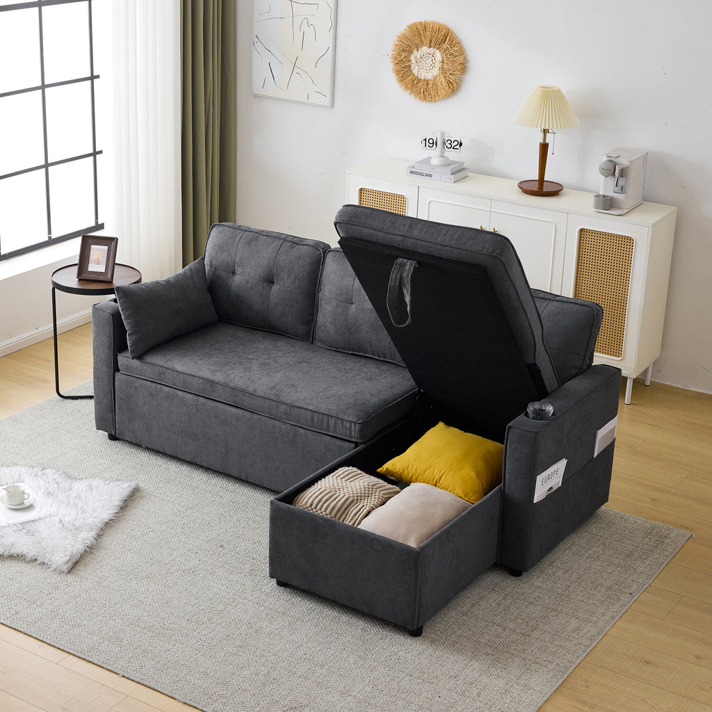 3-in-1 Convertible Sofa Bed with Internal Storage Chaise, L Shaped Sleeper Sofa Couches with Cup Holders, Pillows and Storage Pocket. Pullout Sectional Daybed for Living Room/Bedroom/Office, Grey