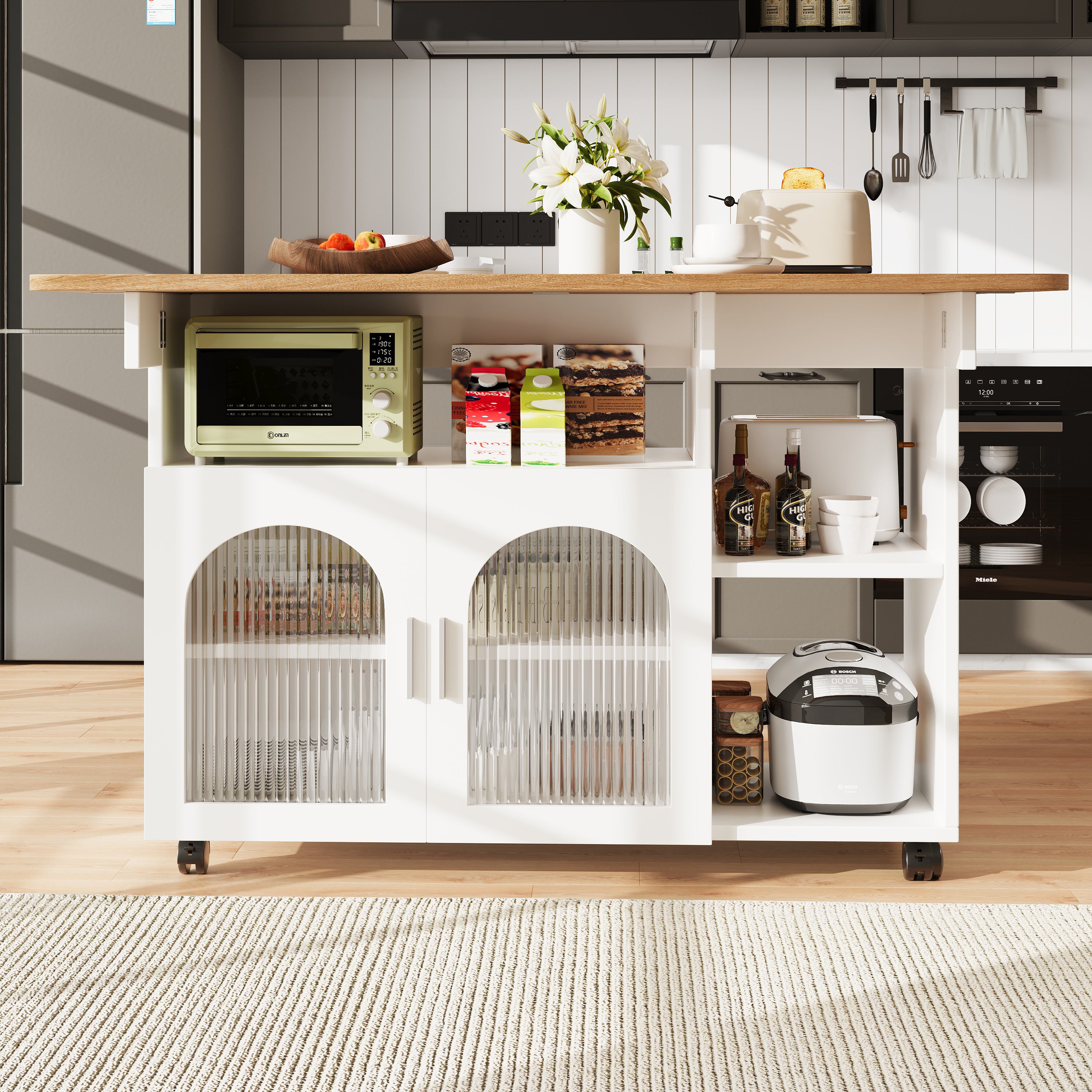 Kitchen island, kitchen cabinet, removable serving trolley, buffet cabinet, dining trolley with wood grain, buffet cabinet, multifunctional dining table with storage space, White