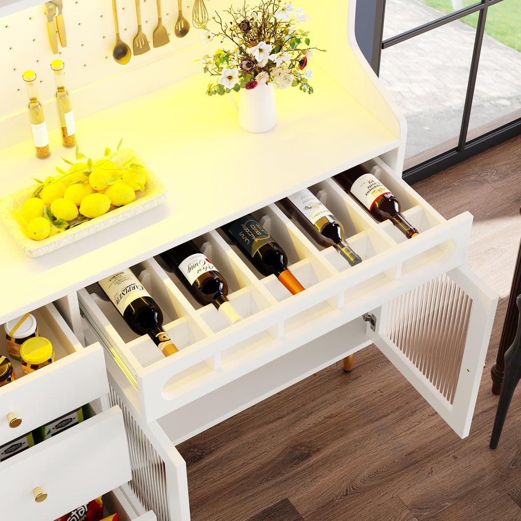 Highboard with Adjustable Shelves & LED Lights, Freestanding Storage Unit for Living Room Kitchen Dining, Tall cabinet with wine rack, Dimensions 145x39x171cm, White