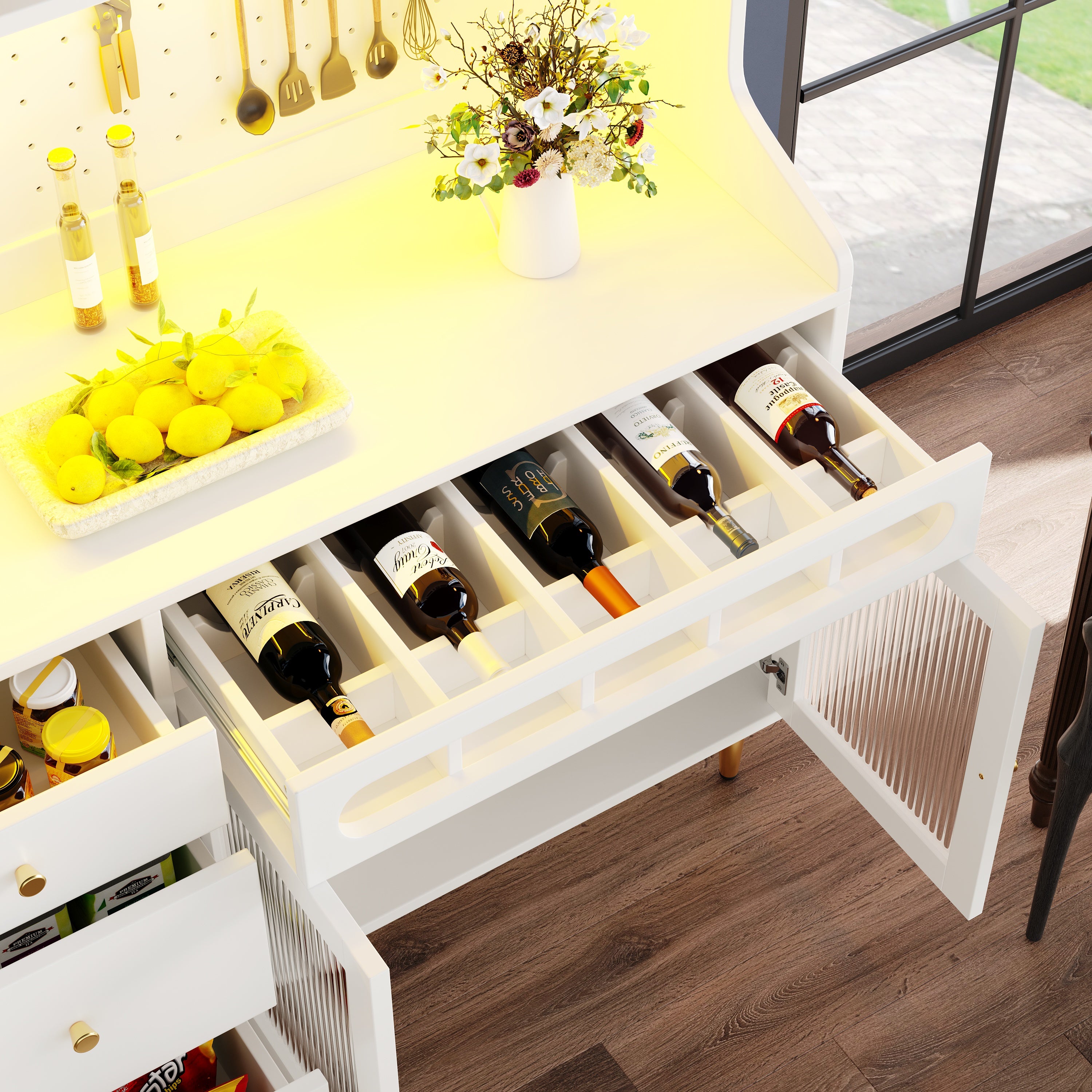 Highboard with Adjustable Shelves & LED Lights, Freestanding Storage Unit for Living Room Kitchen Dining, Tall cabinet with wine rack, Dimensions 145x39x171cm, White