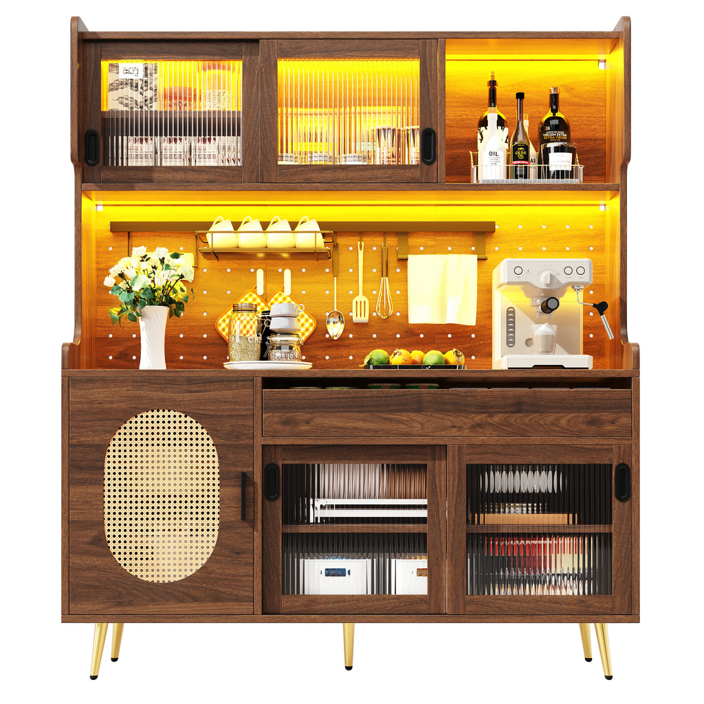 Sideboard / Storage Cabinet / Kitchen Cabinet / Buffet, 145x39x171cm, Country Style, 5 Doors, with LED Light Strip & Pegboard, Fluted Glass Doors, Brown/Black