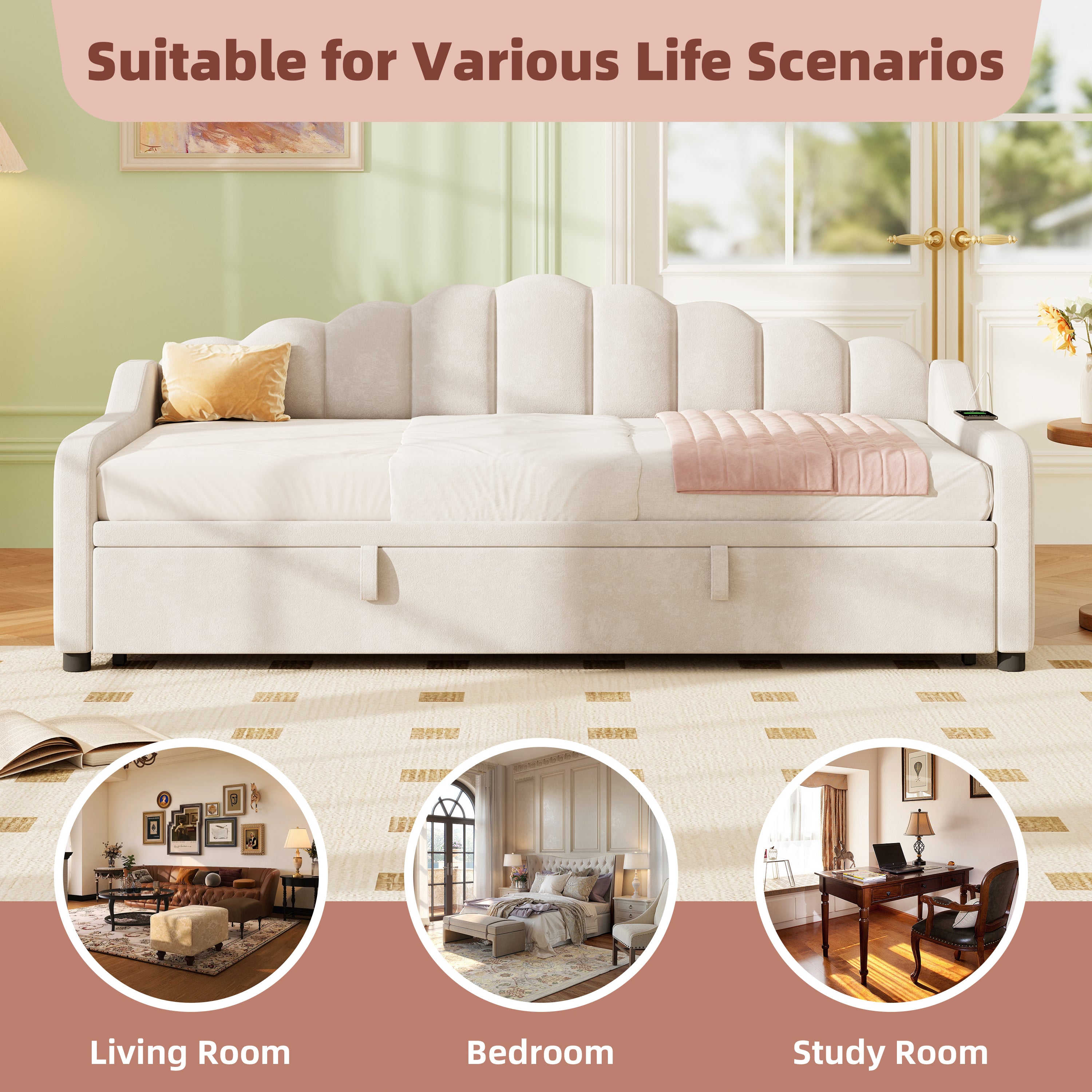 3ft Single Daybed with Pull-out Trundle, Velvet Upholstered Sofa Bed with Side Charging Station & Storage Pockets, Chic Fluted Scalloped Backrest, Beige (No Mattress)